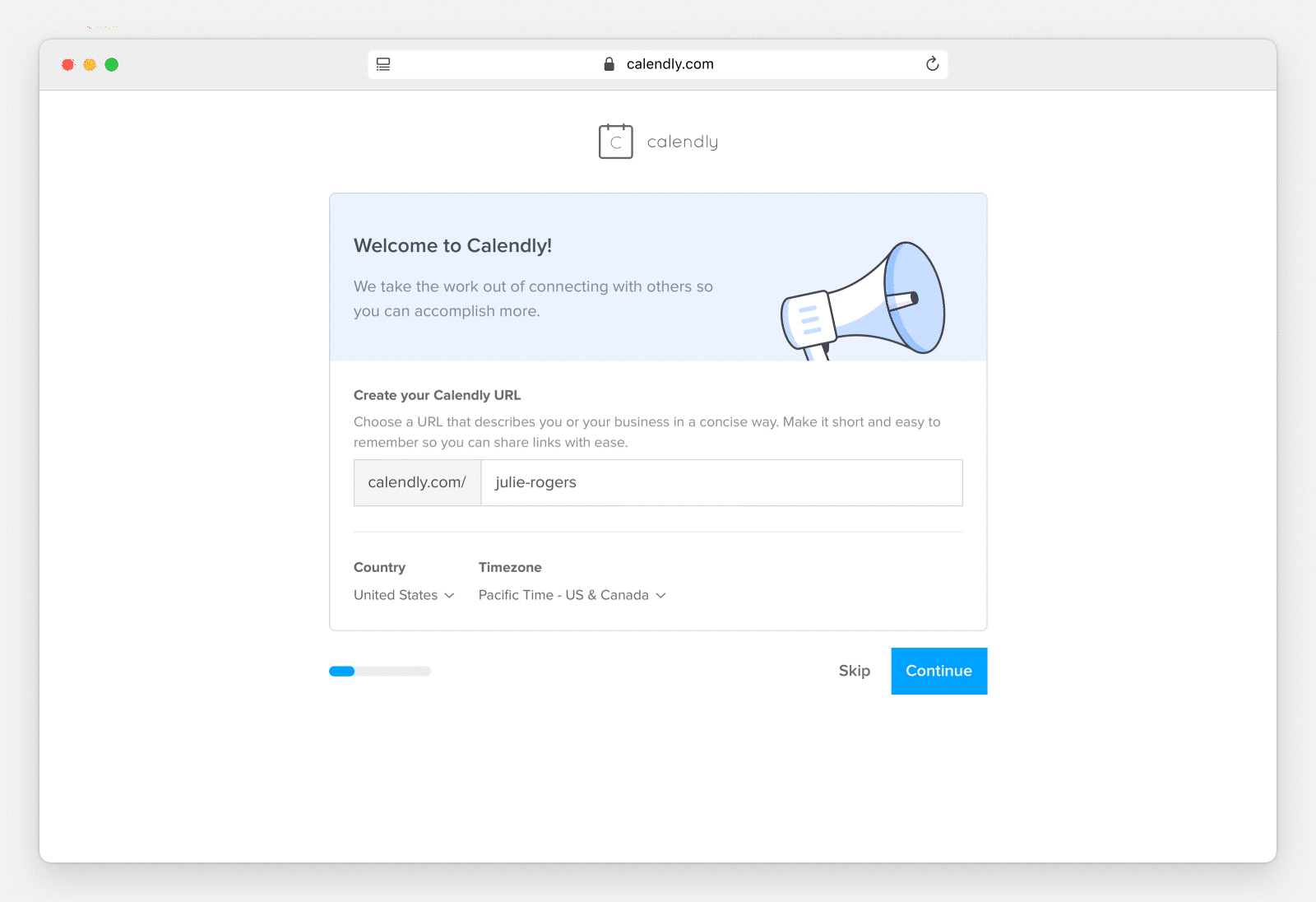 A gif of onboarding UI in white and blue with bold illustrations