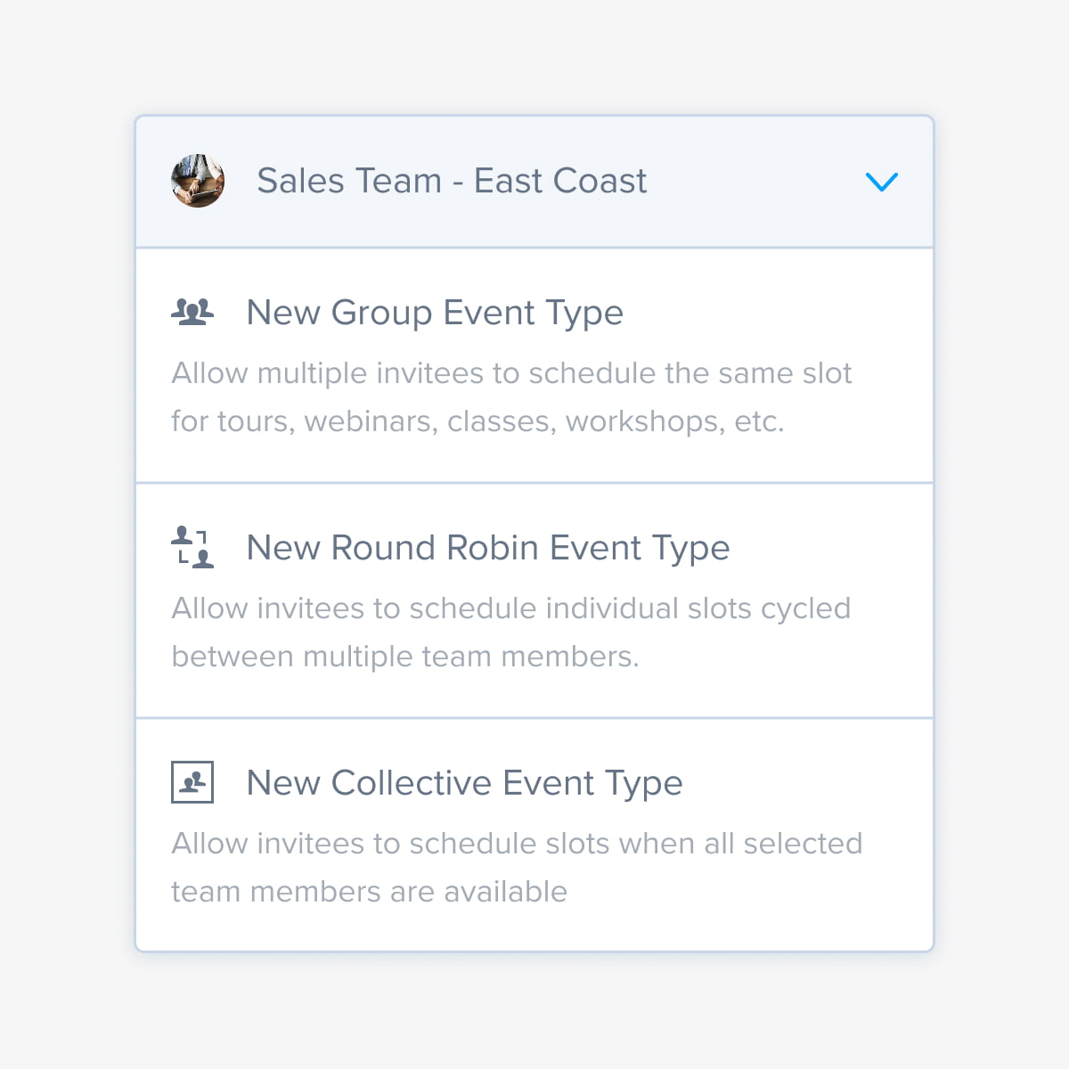 A closeup of minimal UI of a dropdown with custom icons