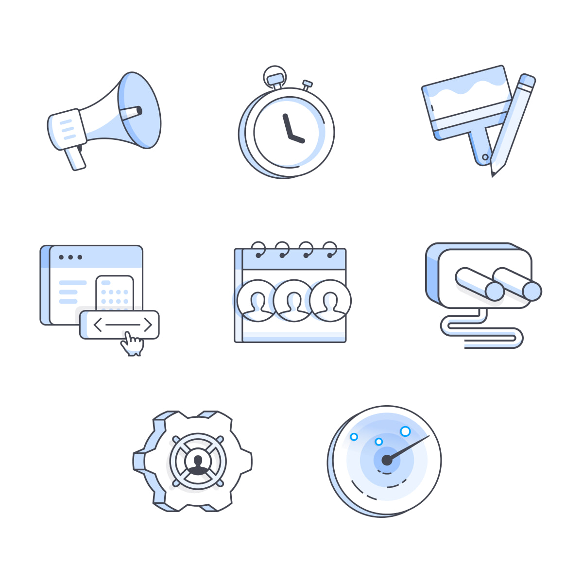A series of white and blue icons for a help desk