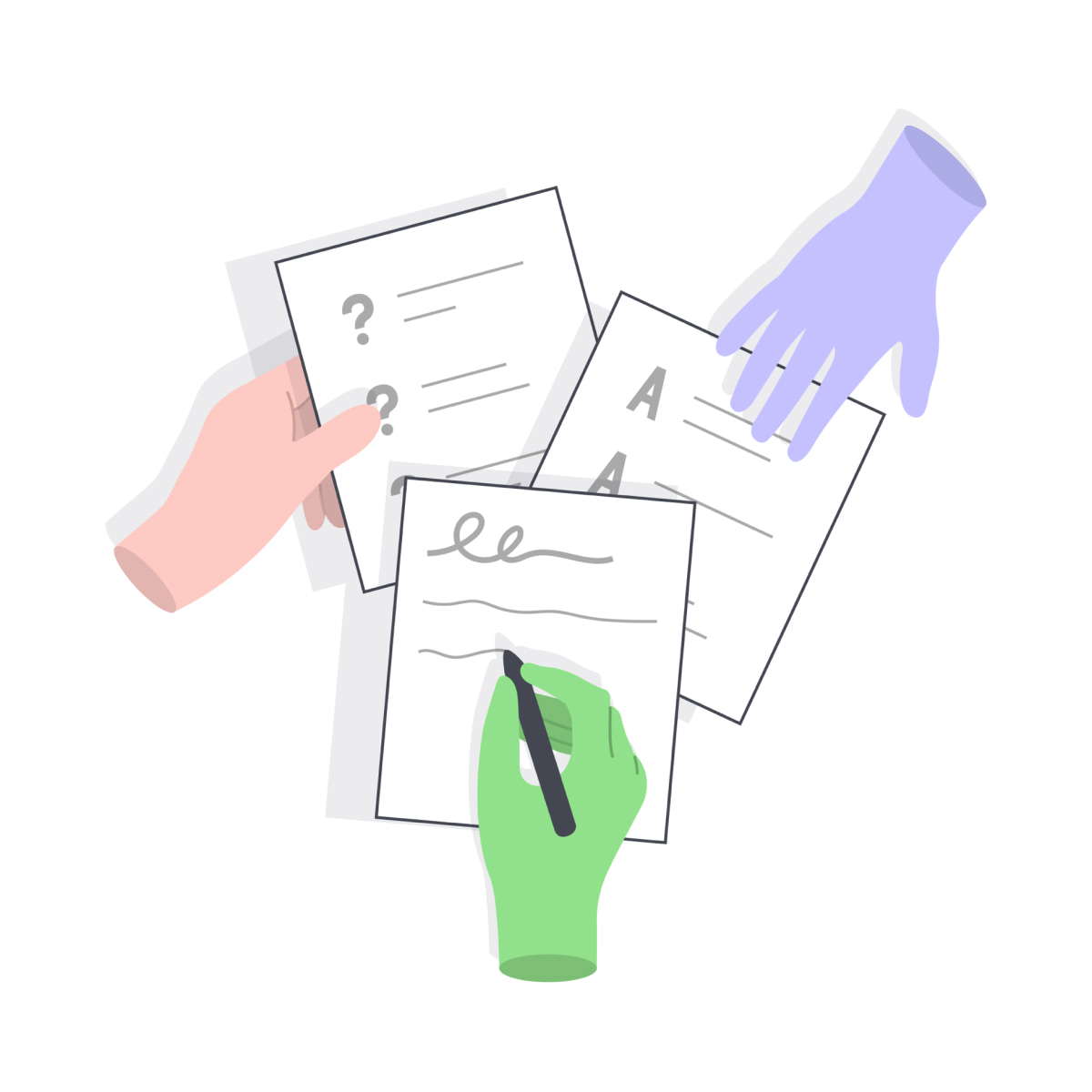 An illustration of 3 hands collaborating with documents