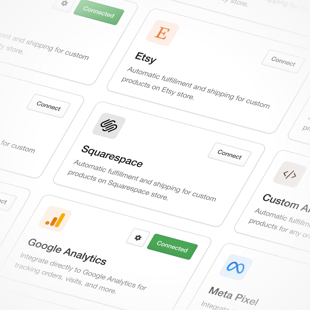 A skewed angle of UI cards showing integrations
