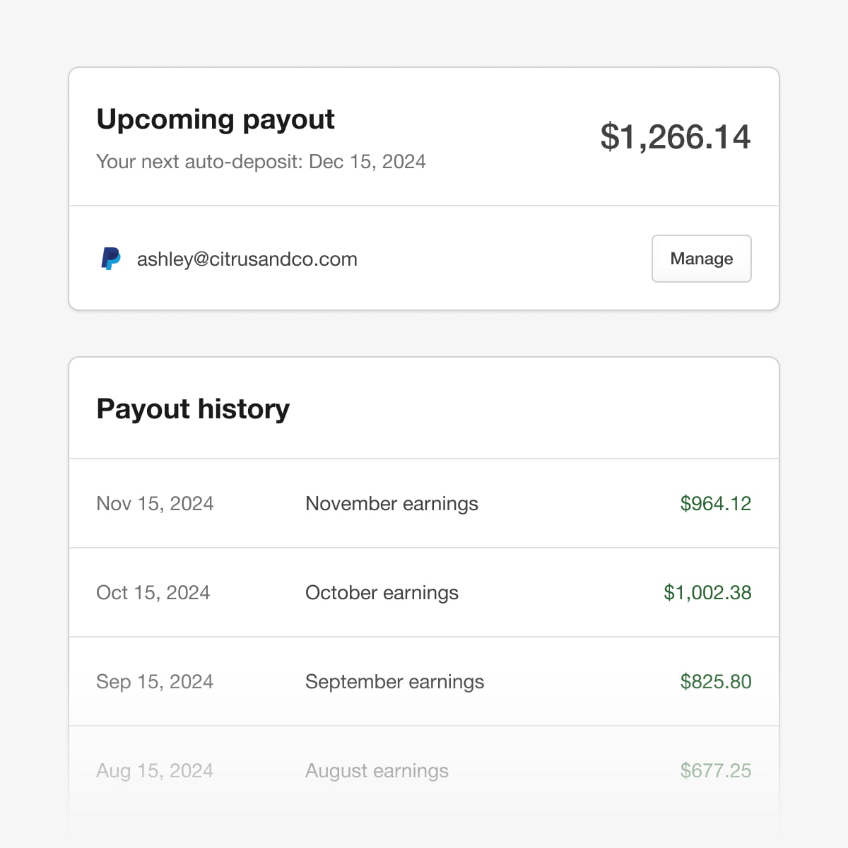 Minimal UI closeup of 2 cards showing an upcoming payout and payout history