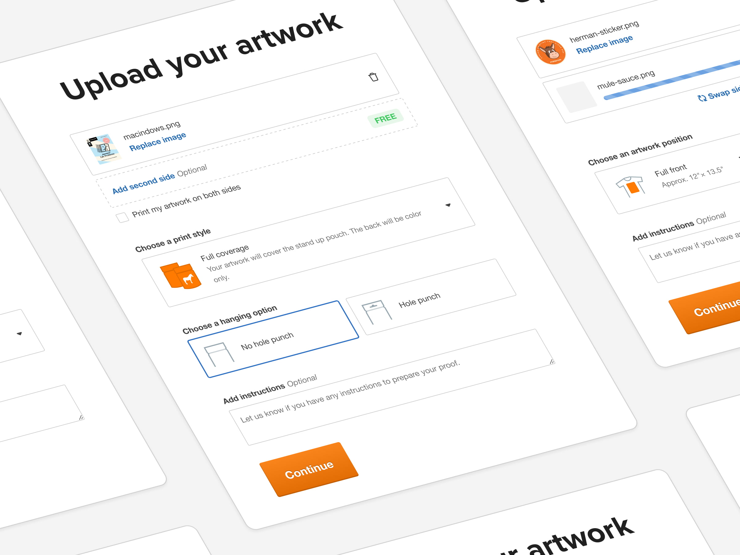 Skewed crops of UI showing various states of artwork upload