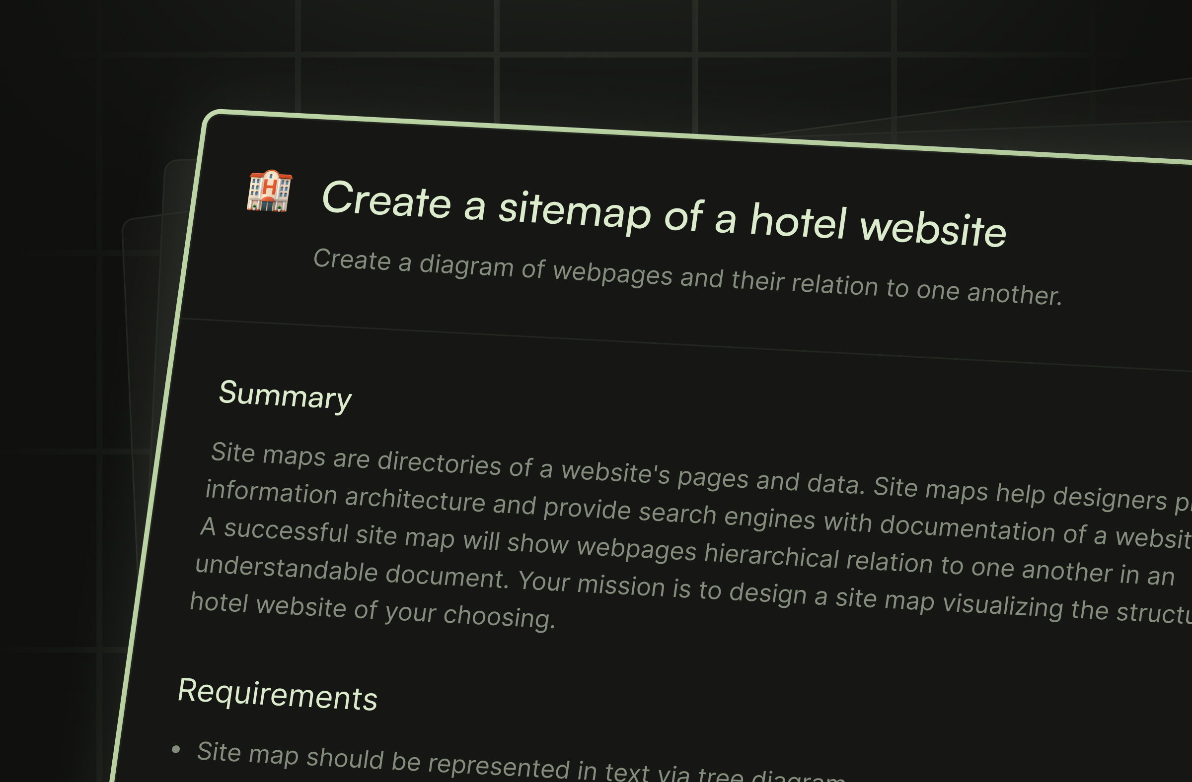 A dark green preview of a card showing a design brief