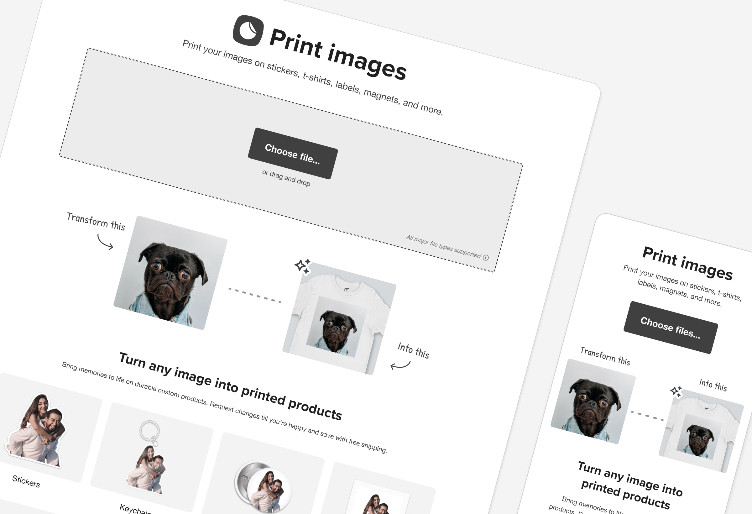 A skewed UI of desktop and mobile of a landing page to upload a file
