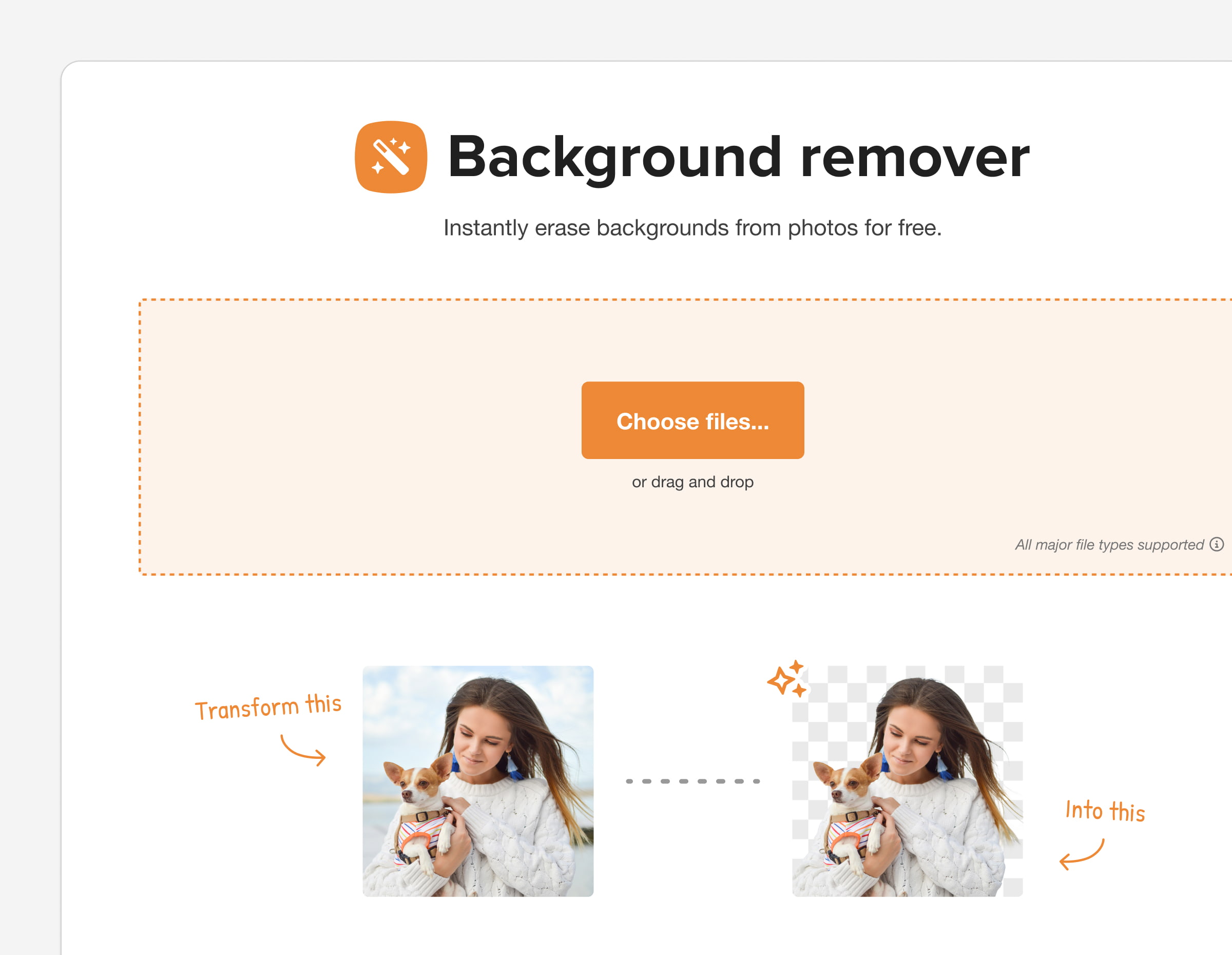 A white and orange landing page UI with an upload file prompt