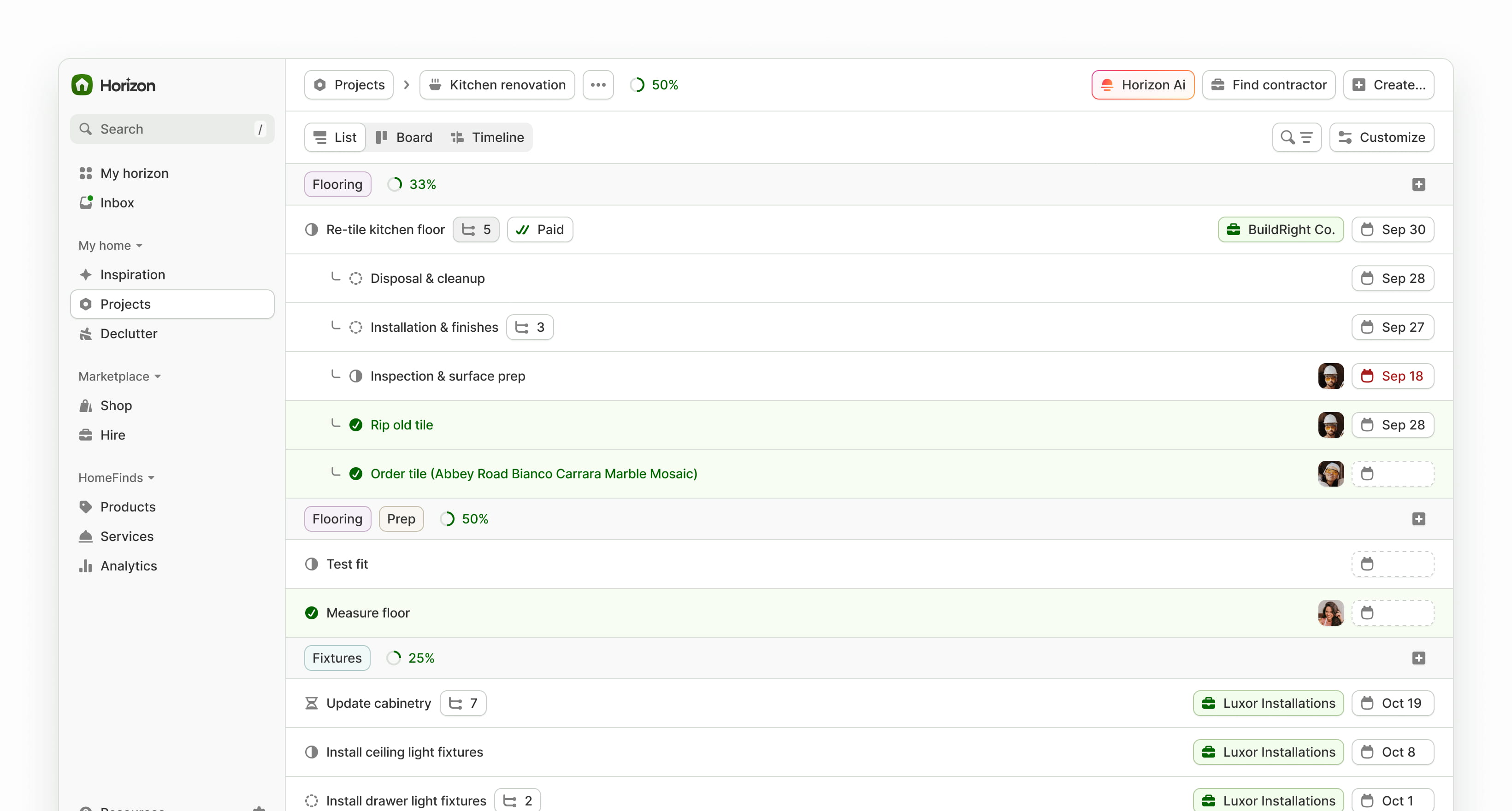 A web app showing a project UI for home renovation