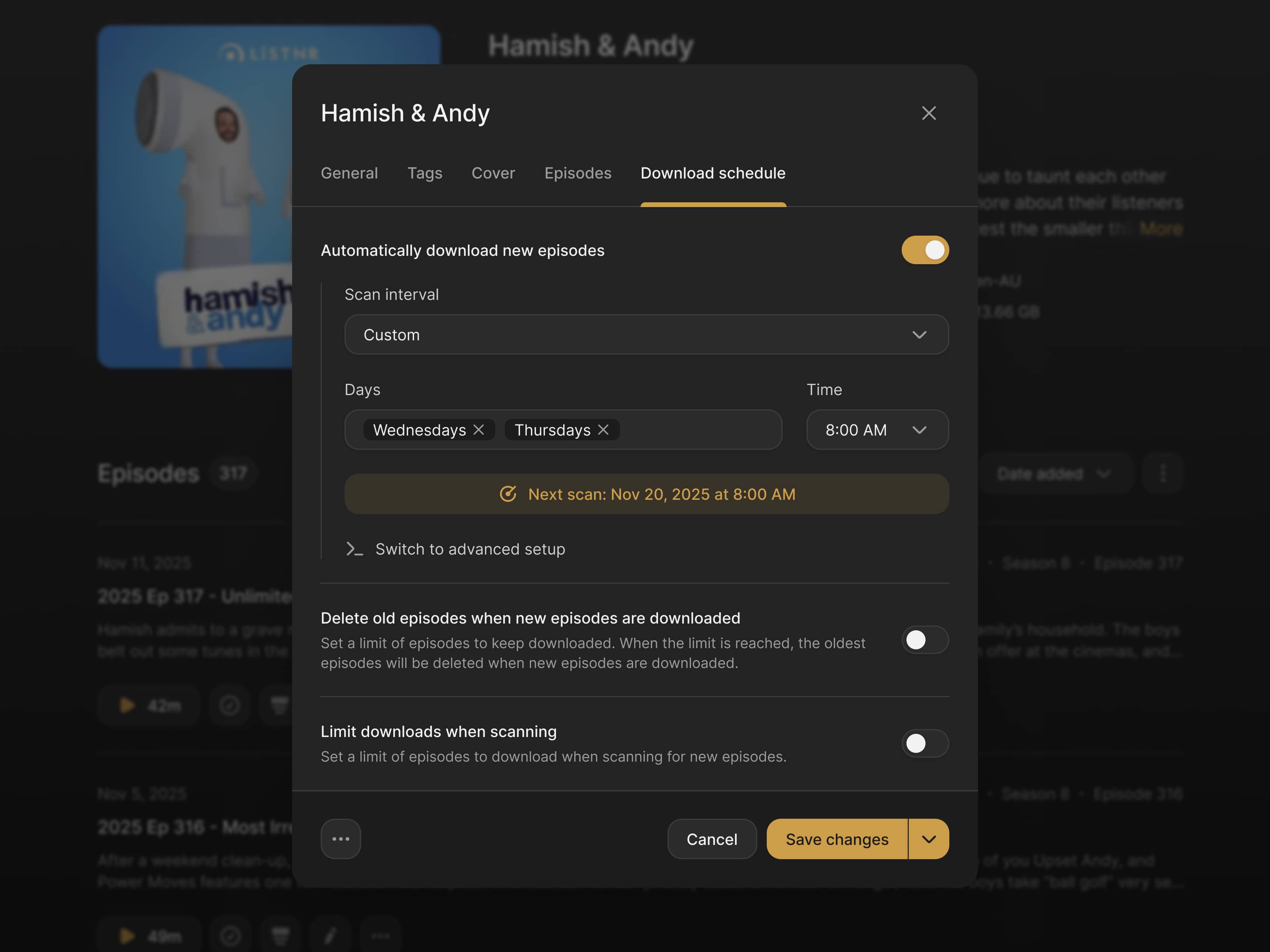 A modal showing a complex download scheduling system for podcasts