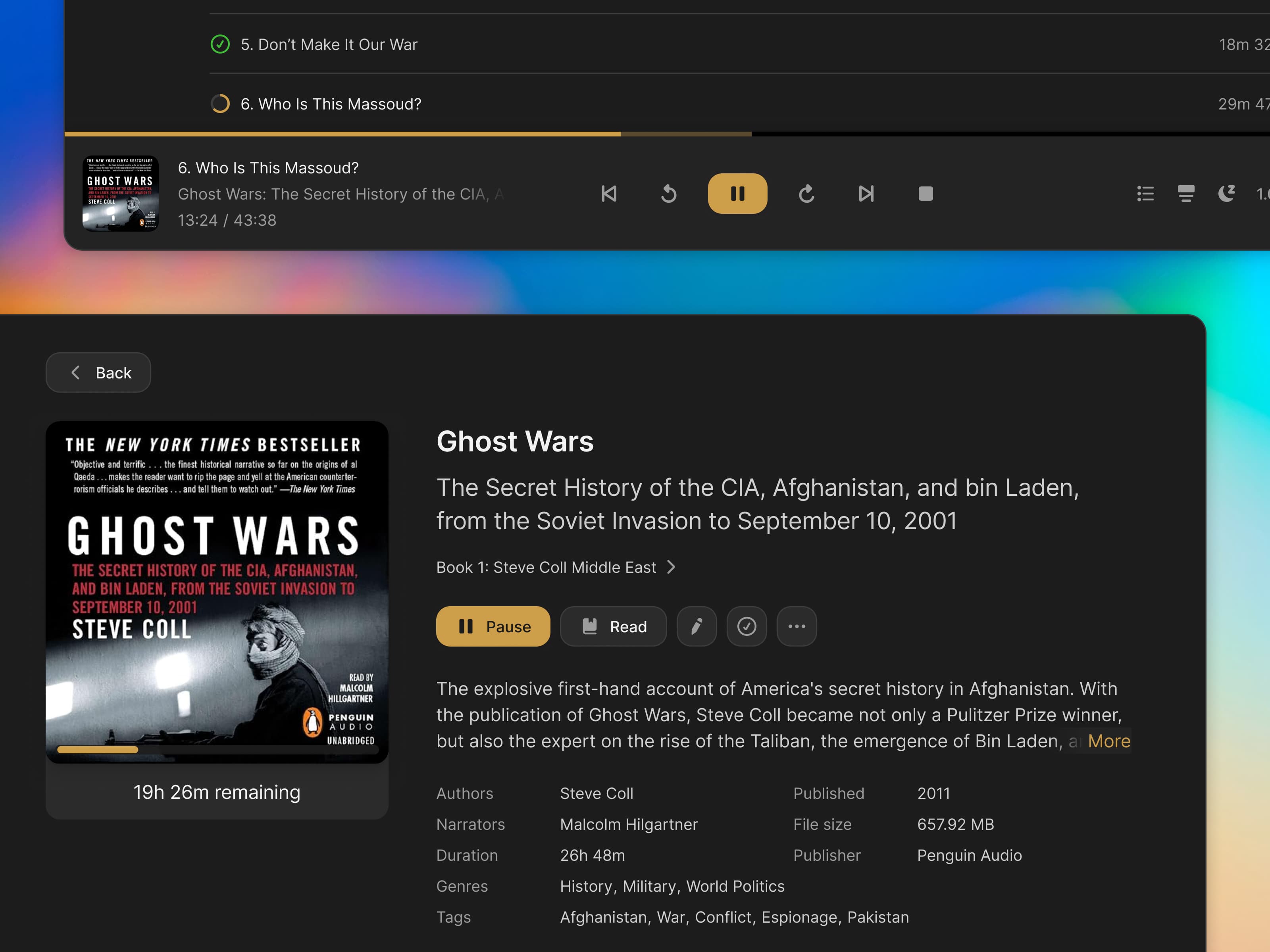 2 crops of a complex media player bar UI and a preview of an audiobook with many hierarchies of text