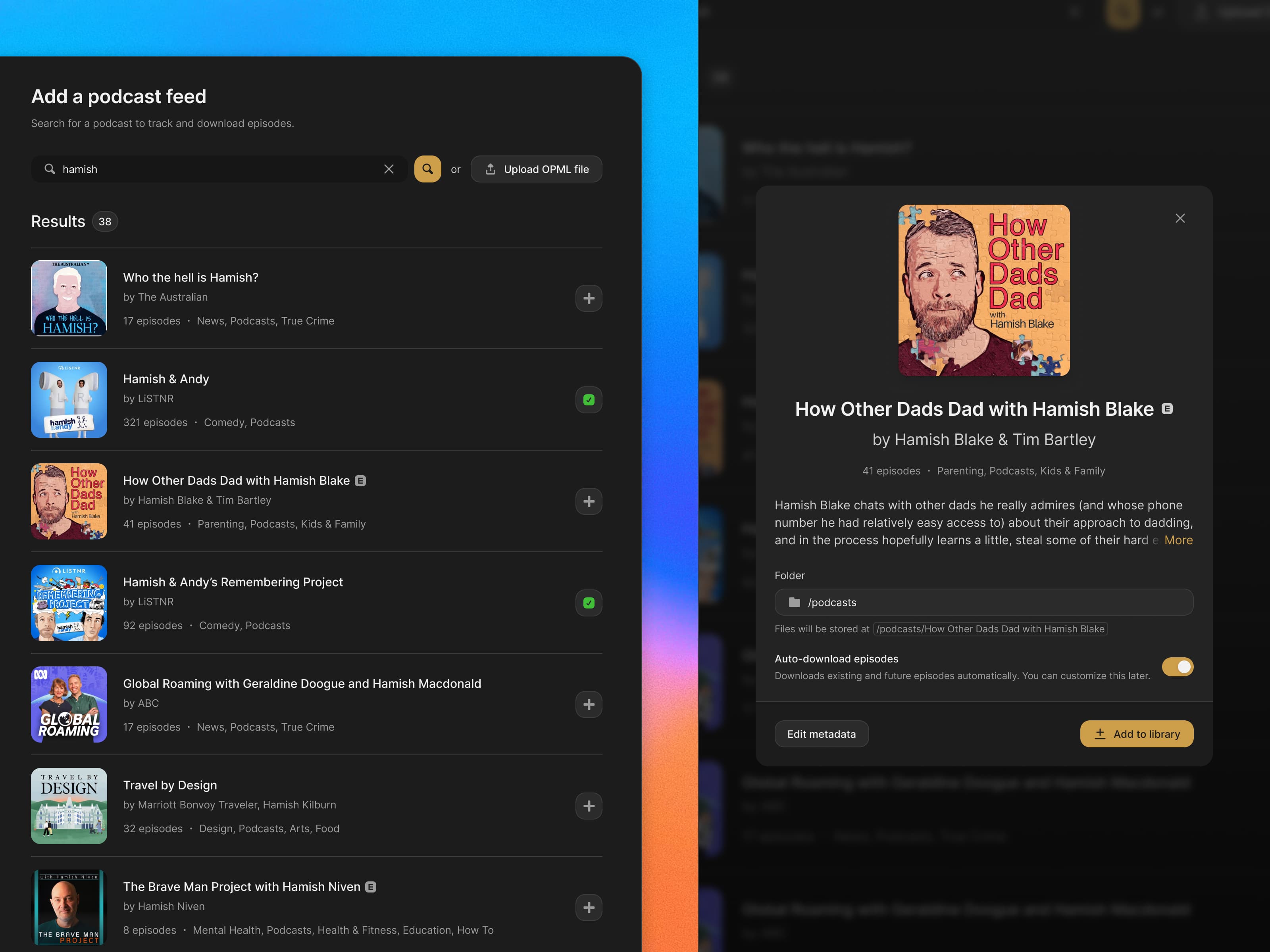 2 previews of a list to add a podcast feed and the modal to set it up before downloading