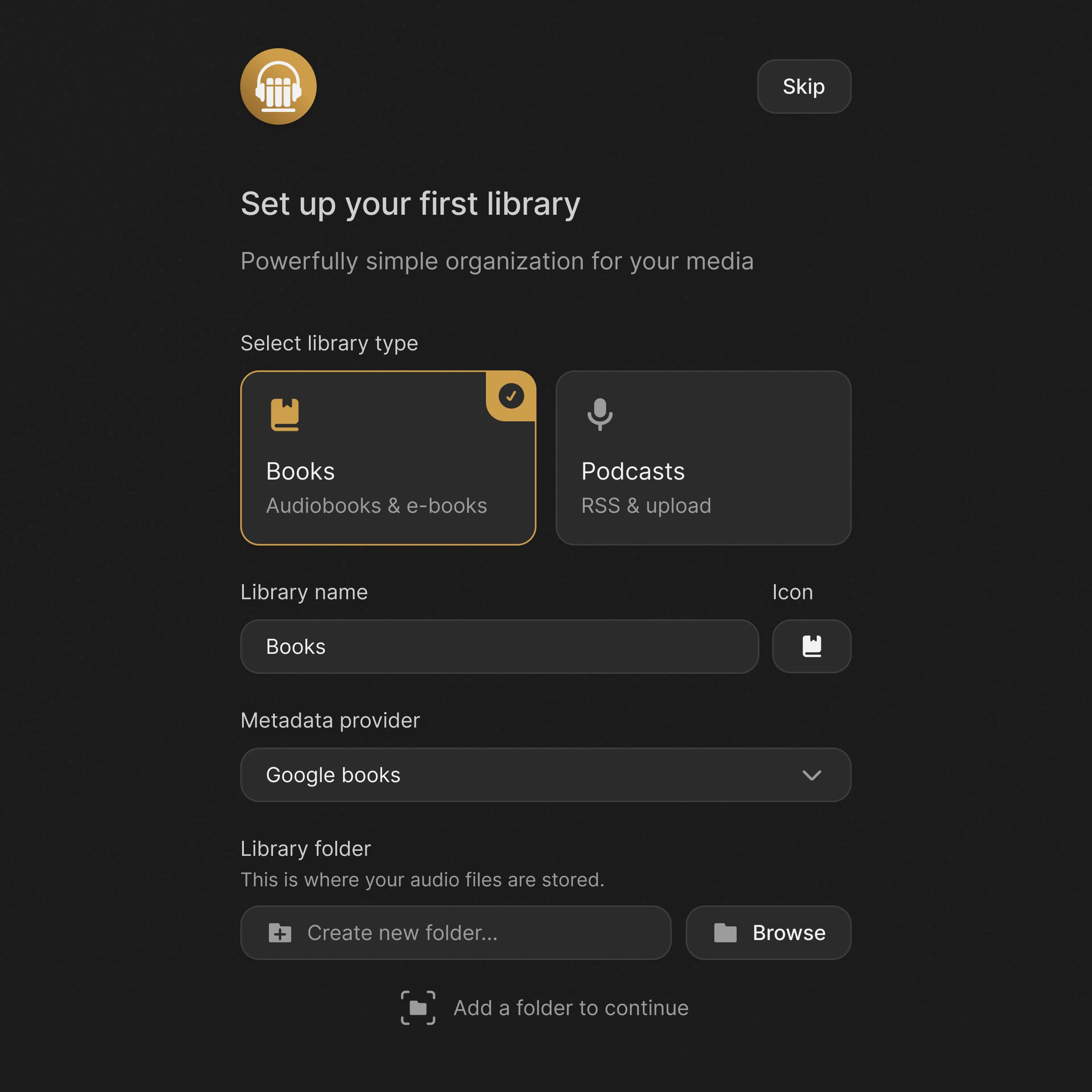 A crop of UI for onboarding to set up a media library