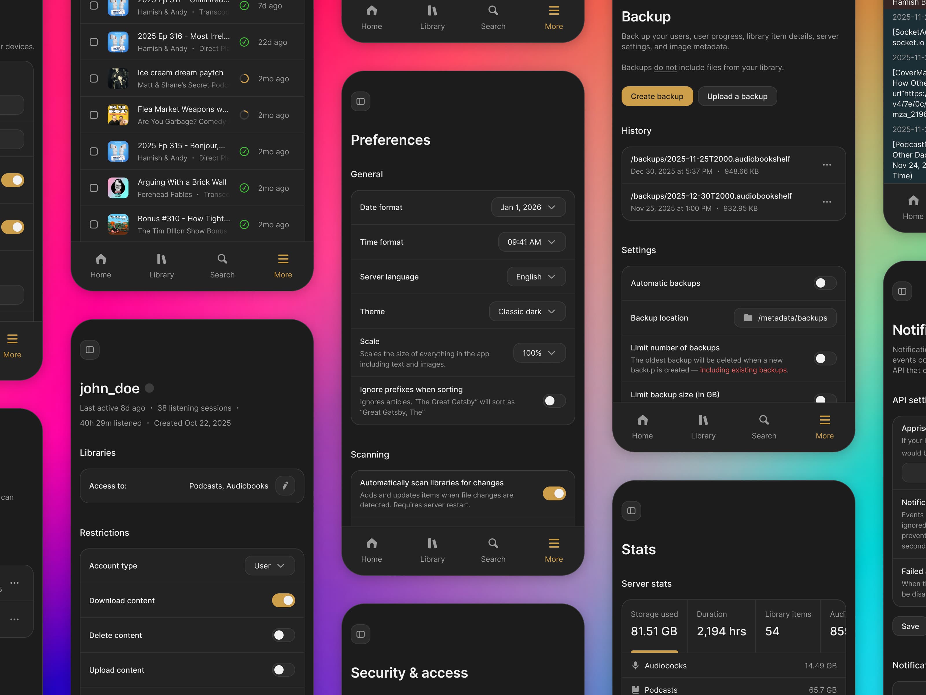 An array of mobile screens for app management on a colorful gradient background