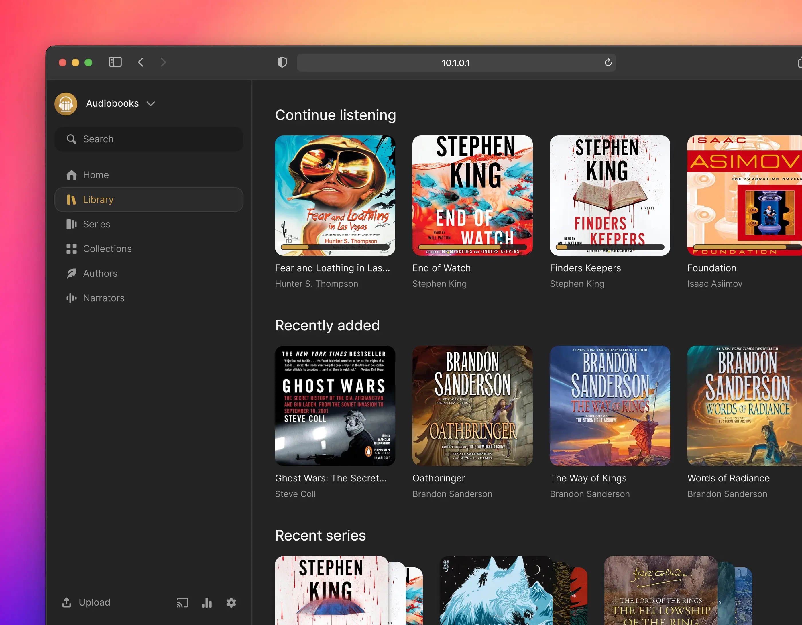 A cropped browser window showing a grid of audiobooks on a colorful gradient
