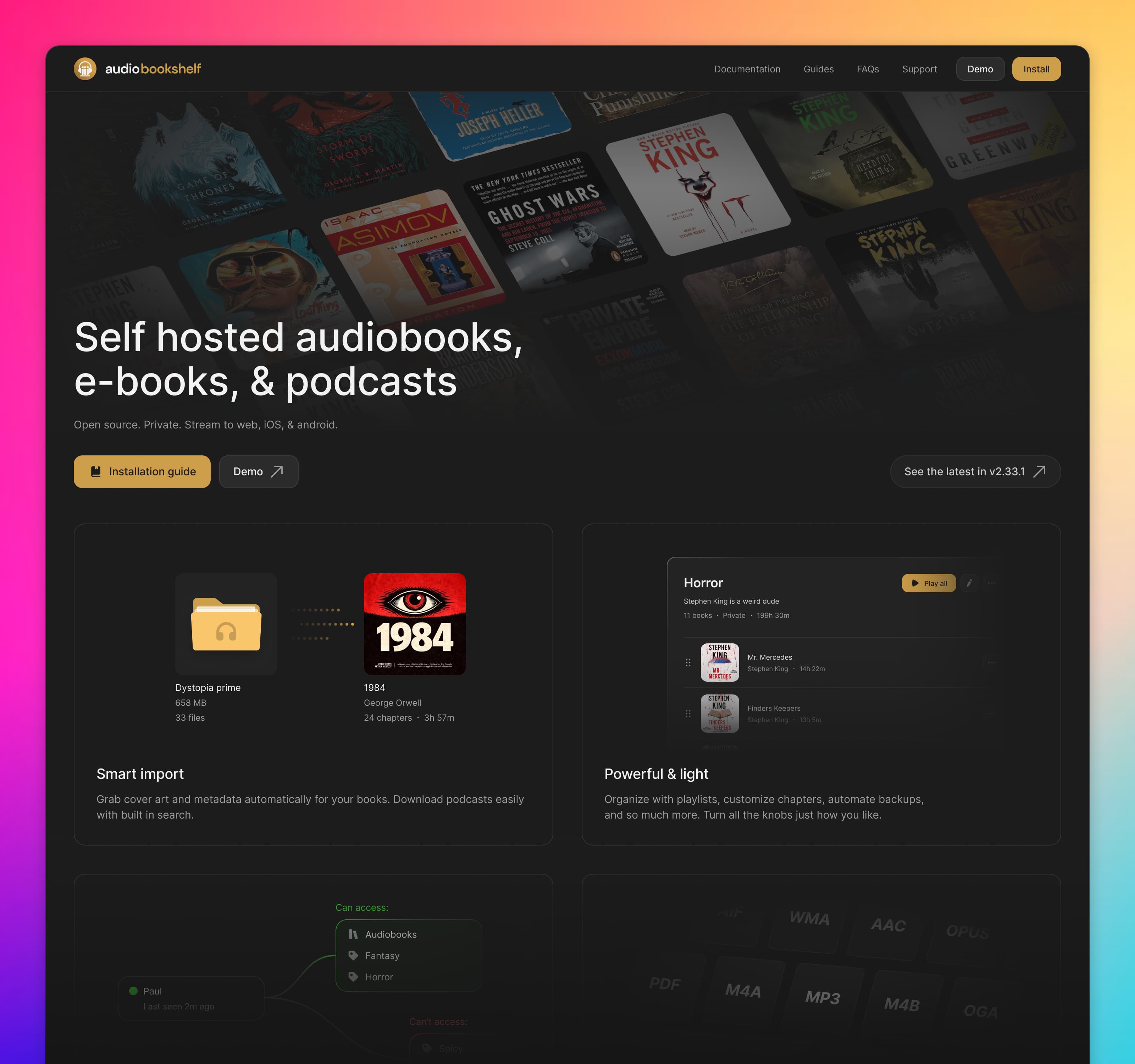 A large crop of a landing page with large text, skewed thumbnails, and simple metaphors on a colorful background