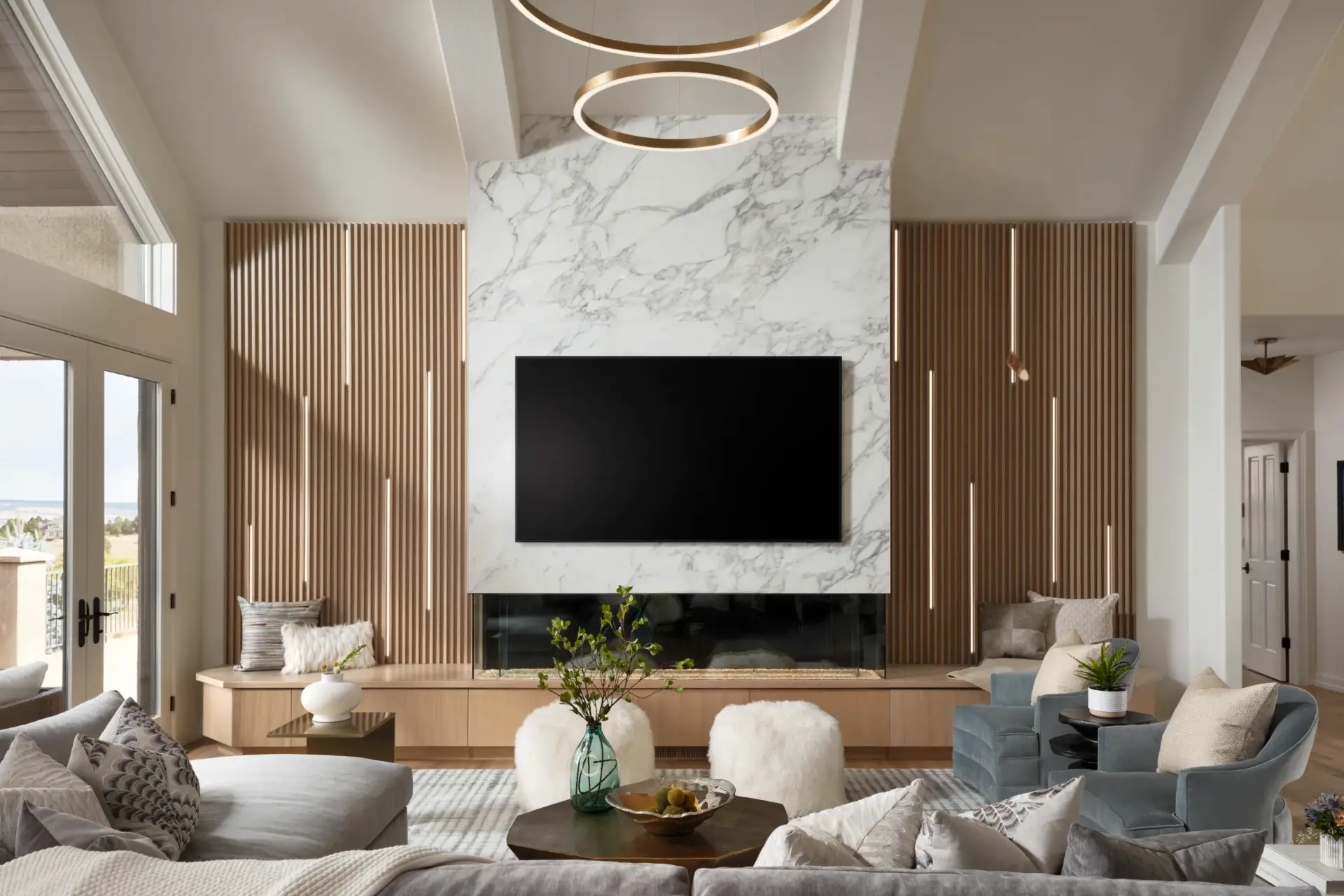 A photograph of a newly remodeled luxury living room from the interior design team of Julie Kay Design Studio where their website was designed and developed by Paper Krane