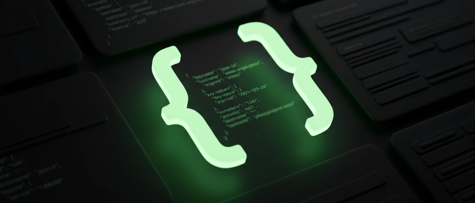 A 3D render of curly brackets that surround JSON+ld code.
