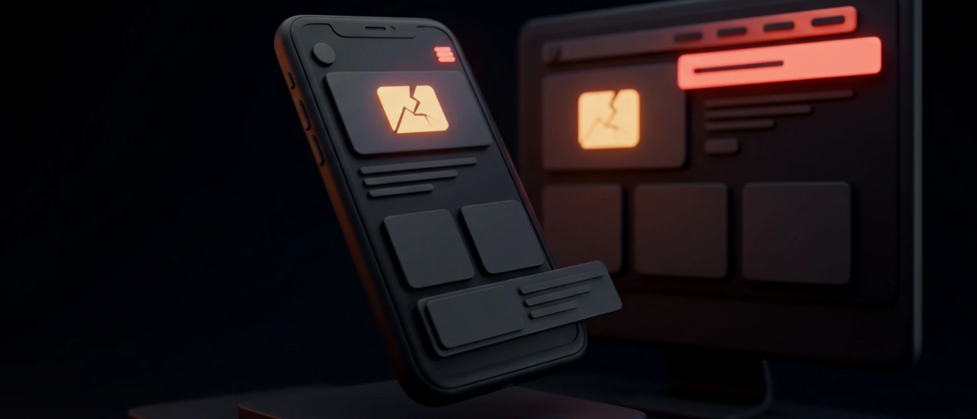 A 3D render of a mobile phone mockup with a broken layout