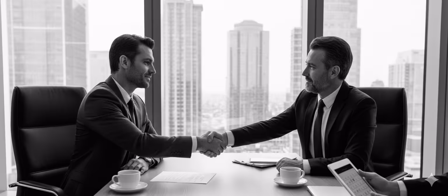 Two businessmen in suits shaking hands across a table in a high-rise office with coffee cups and documents.