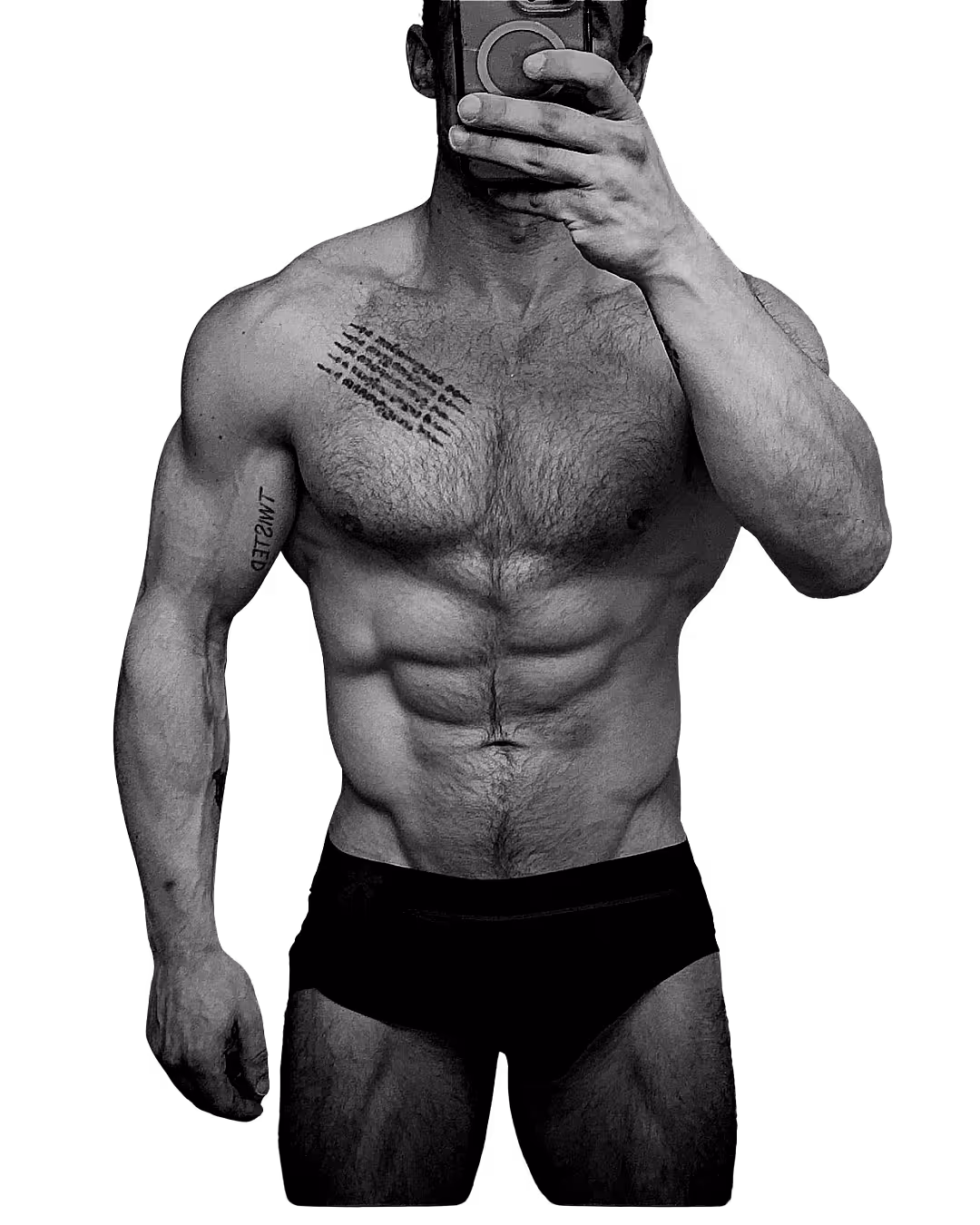 Alex, shirtless muscular taking a mirror selfie with a smartphone, wearing jeans.