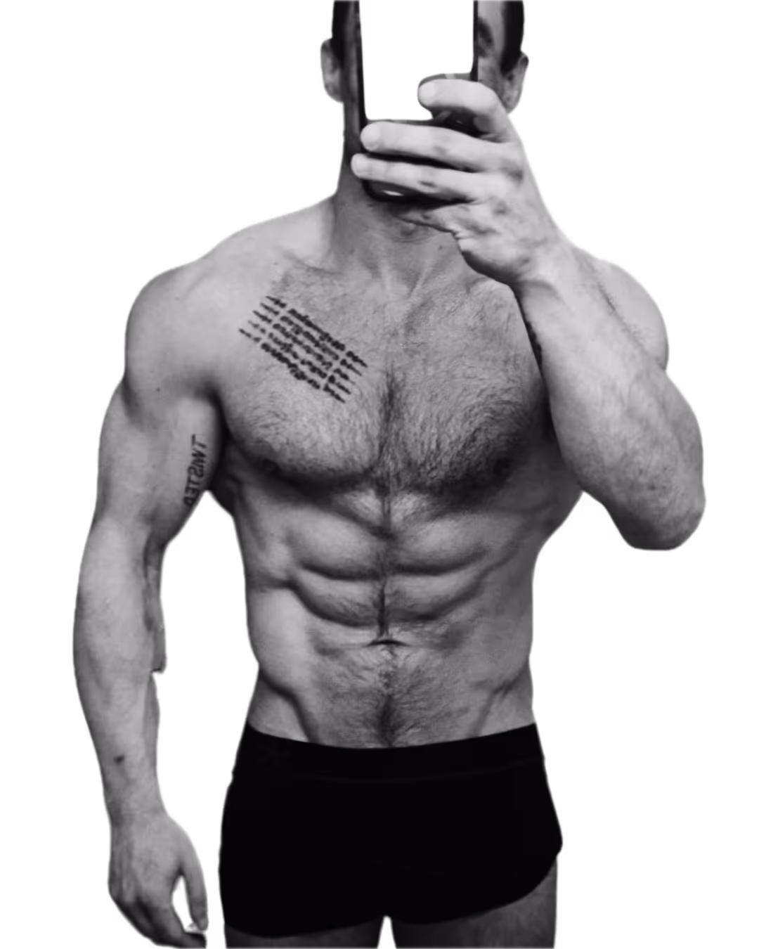 Alex shirtless with tattoos on chest and arm taking a selfie with a smartphone covering his face.