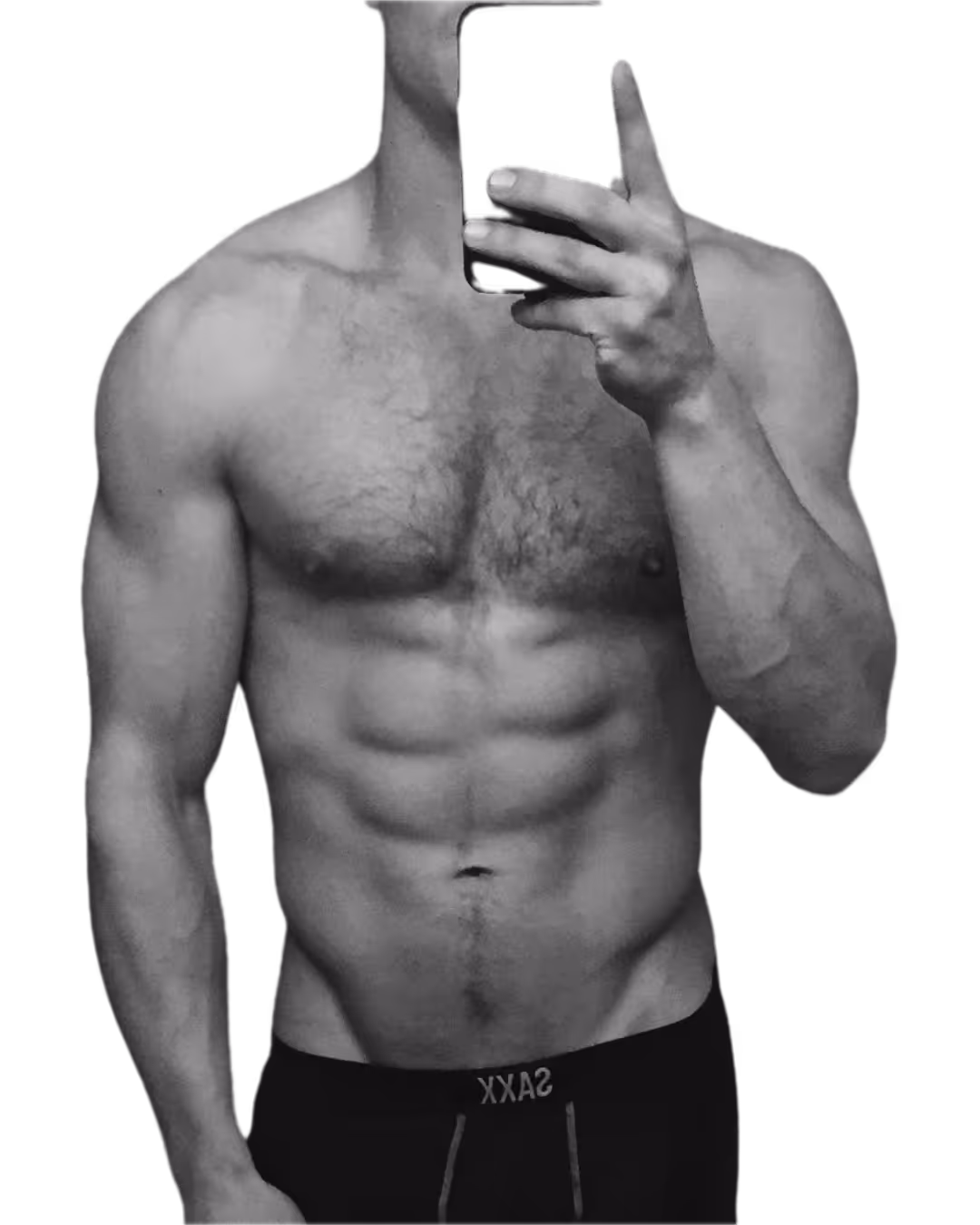 Muscular shirtless man taking a mirror selfie, showing defined abs and chest hair.