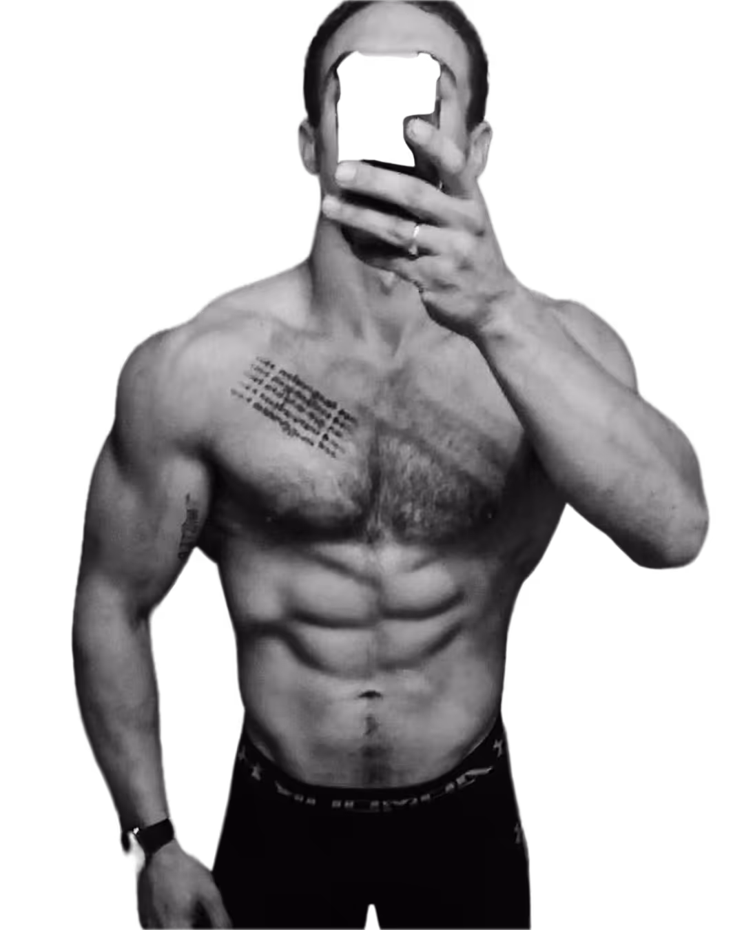 Muscular Alex in black underwear taking a mirror selfie with a phone, showing chest and abs with tattoos.