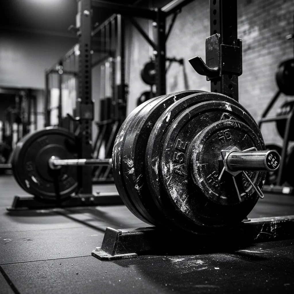 Close-up of a heavily used loaded barbell on a gym floor rack in a weightlifting area.