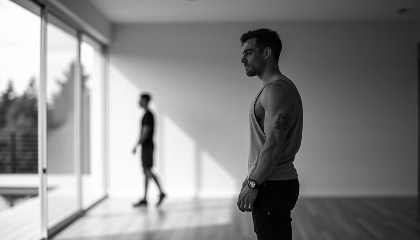 Two men indoors near large windows, one in sharp focus wearing a sleeveless shirt and watch, the other blurred in the background.