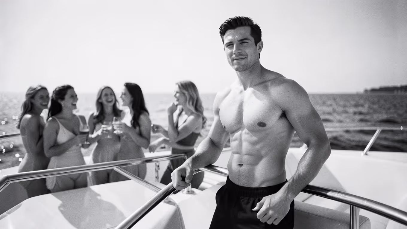 Shirtless man leaning on a railing on a boat with four women in swimsuits holding drinks and chatting in the background.