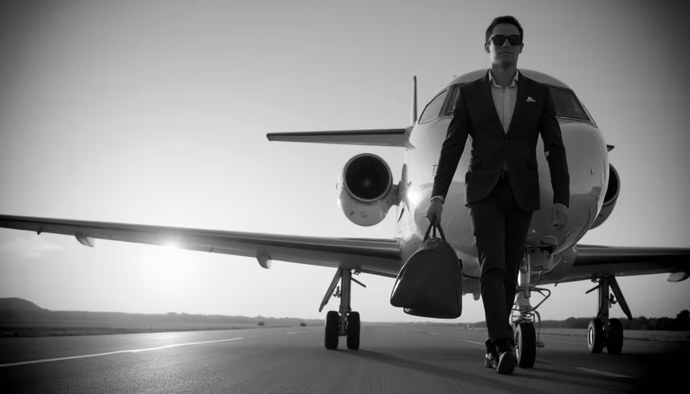 Man in a suit and sunglasses walking on a runway with a large duffel bag, beside a private jet at sunset.