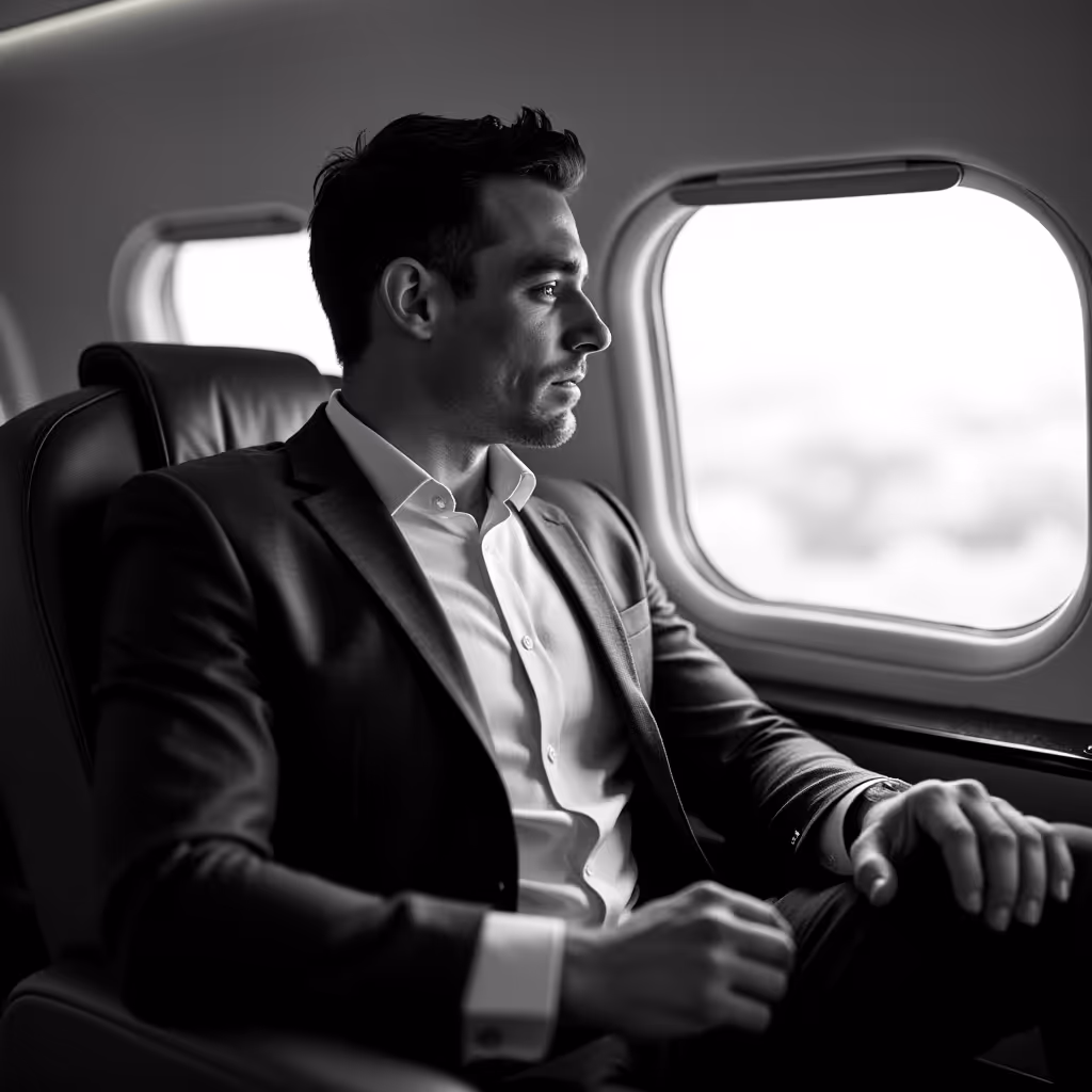 Man in a suit sitting and looking out of an airplane window.