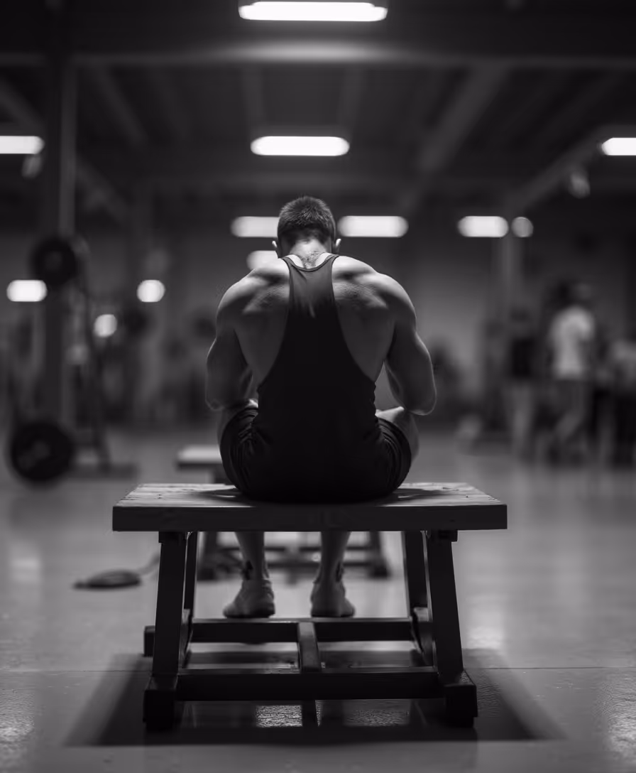 Muscular man sitting on a bench in a gym, seen from behind in black and white.