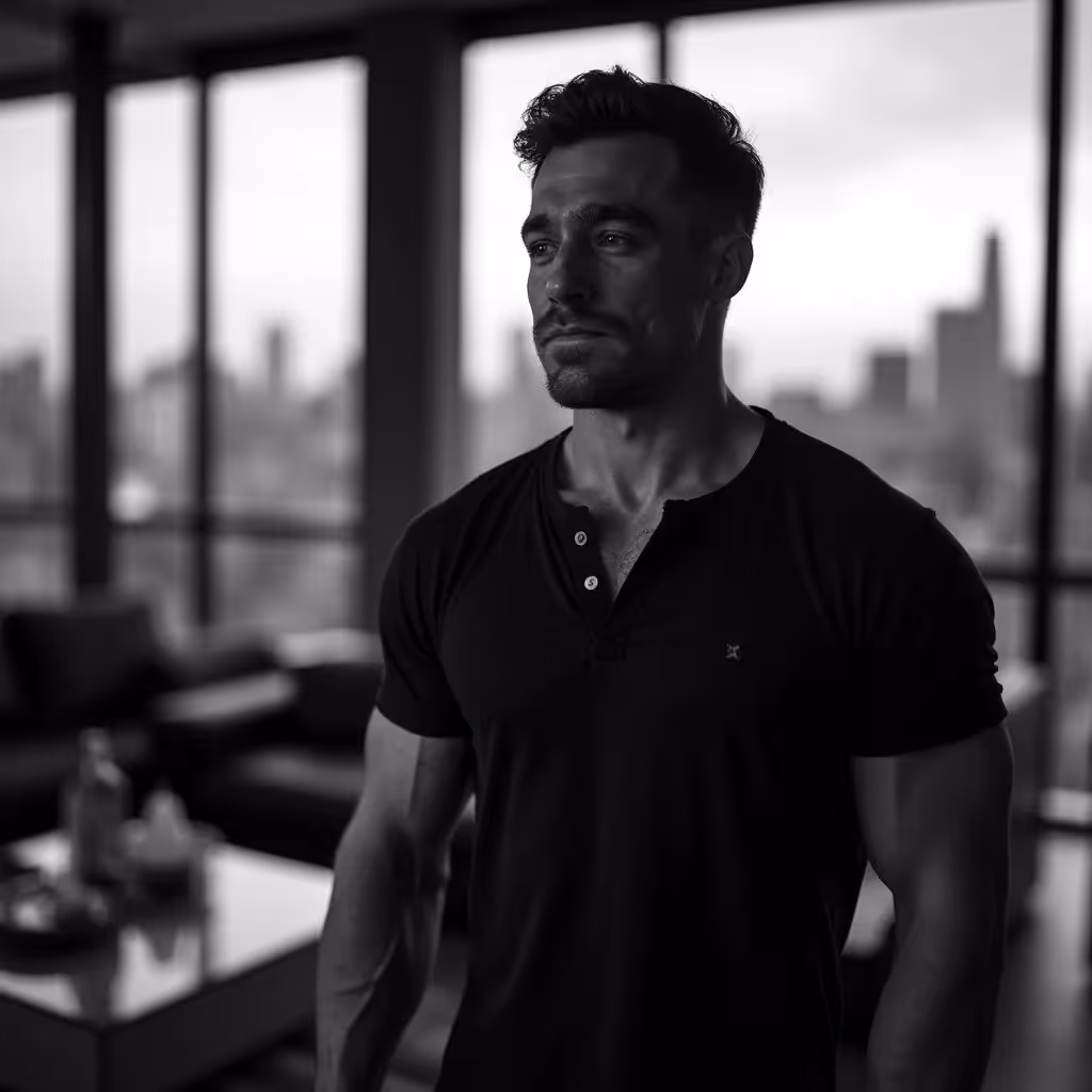Black and white portrait of a muscular man in a dark henley shirt standing indoors with large windows overlooking a cityscape.