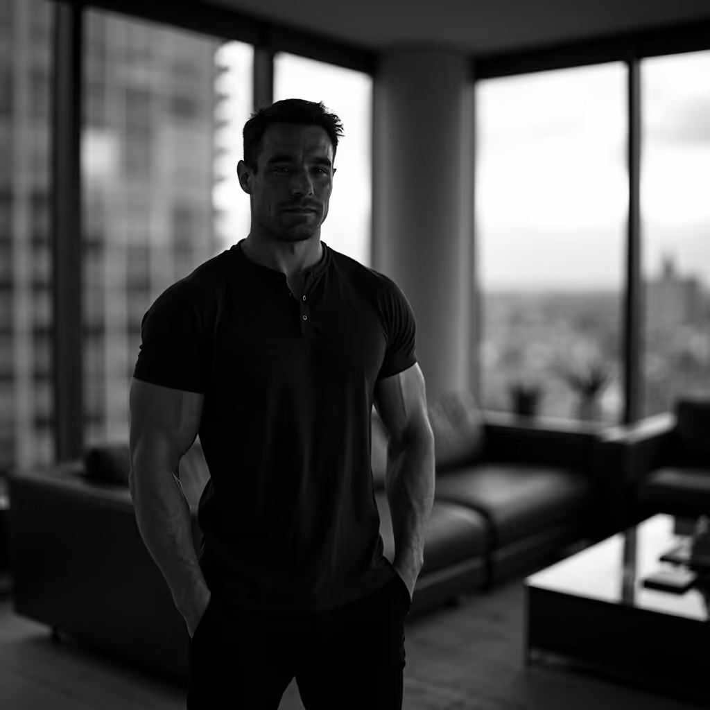 Muscular man standing with hands in pockets in a modern living room with large windows.