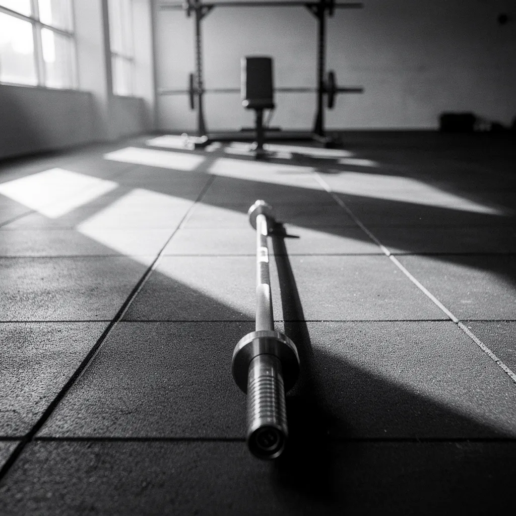 Barbell placed on the gym floor with weightlifting bench and rack in the blurred background.