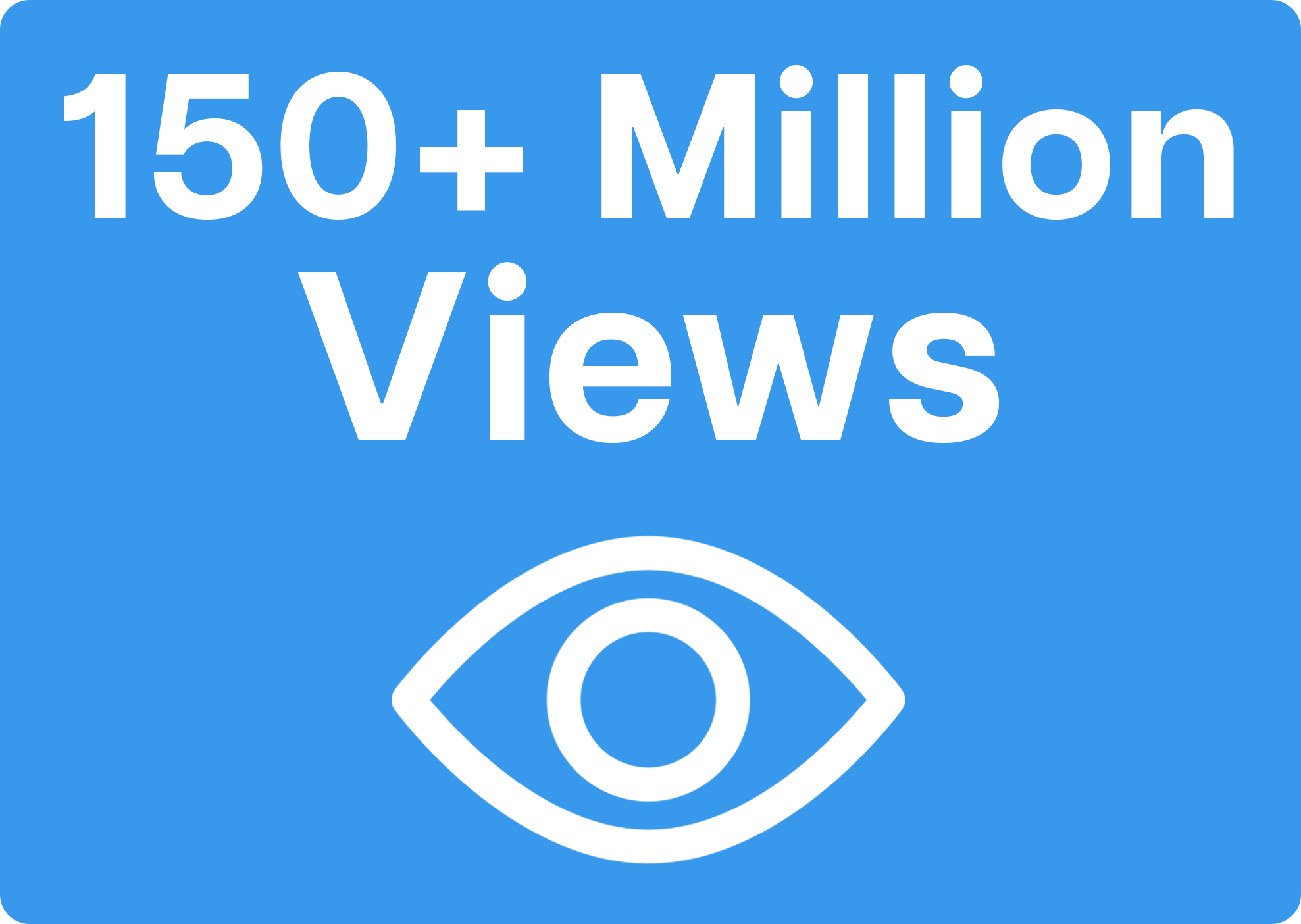 Text stating '150+ Million Views' above a white eye icon on a blue background.