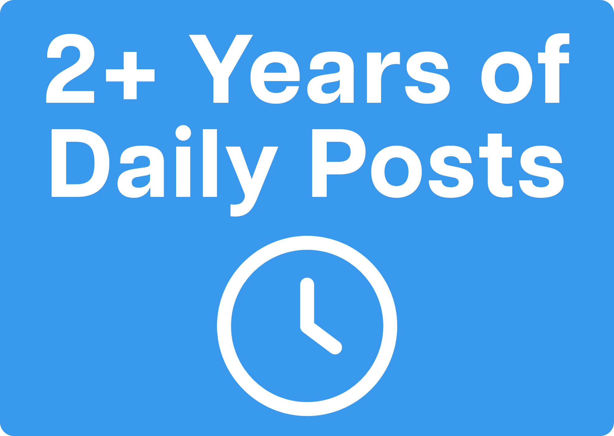 Text stating '2+ Years of Daily Posts' above a clock icon on a blue background.