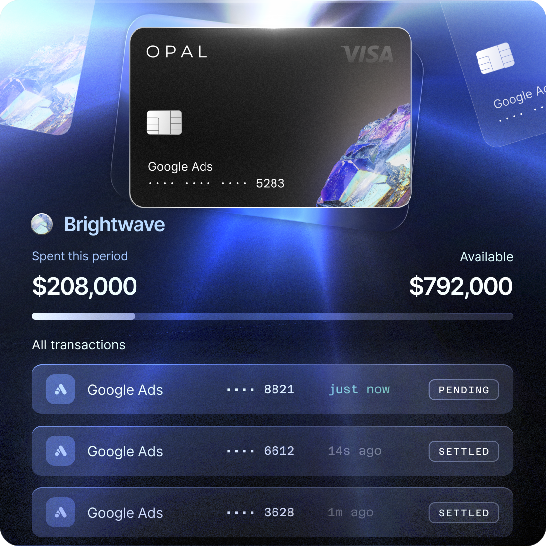 Opal card for Google Ads with a client dashboard showing spend, available credit and recent Google Ads transactions