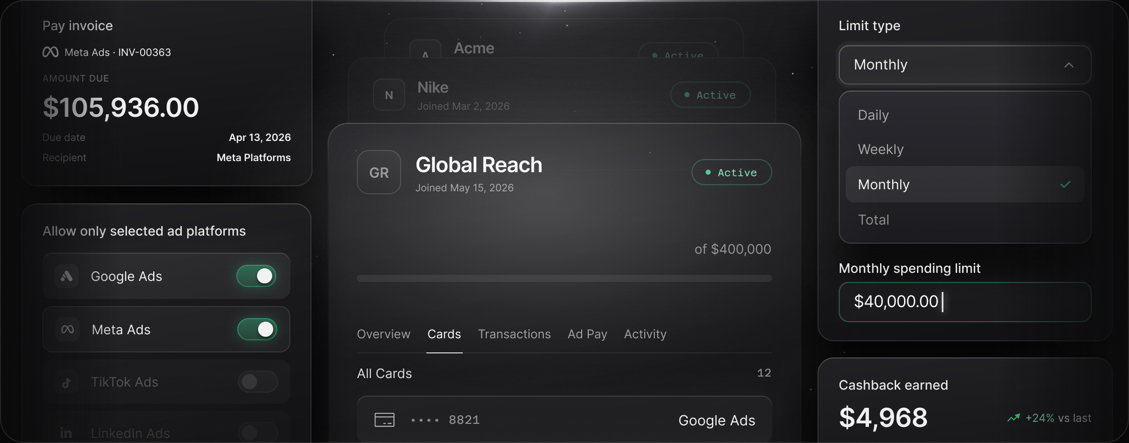 Opal client account dashboard with invoices, spend limits and cashback