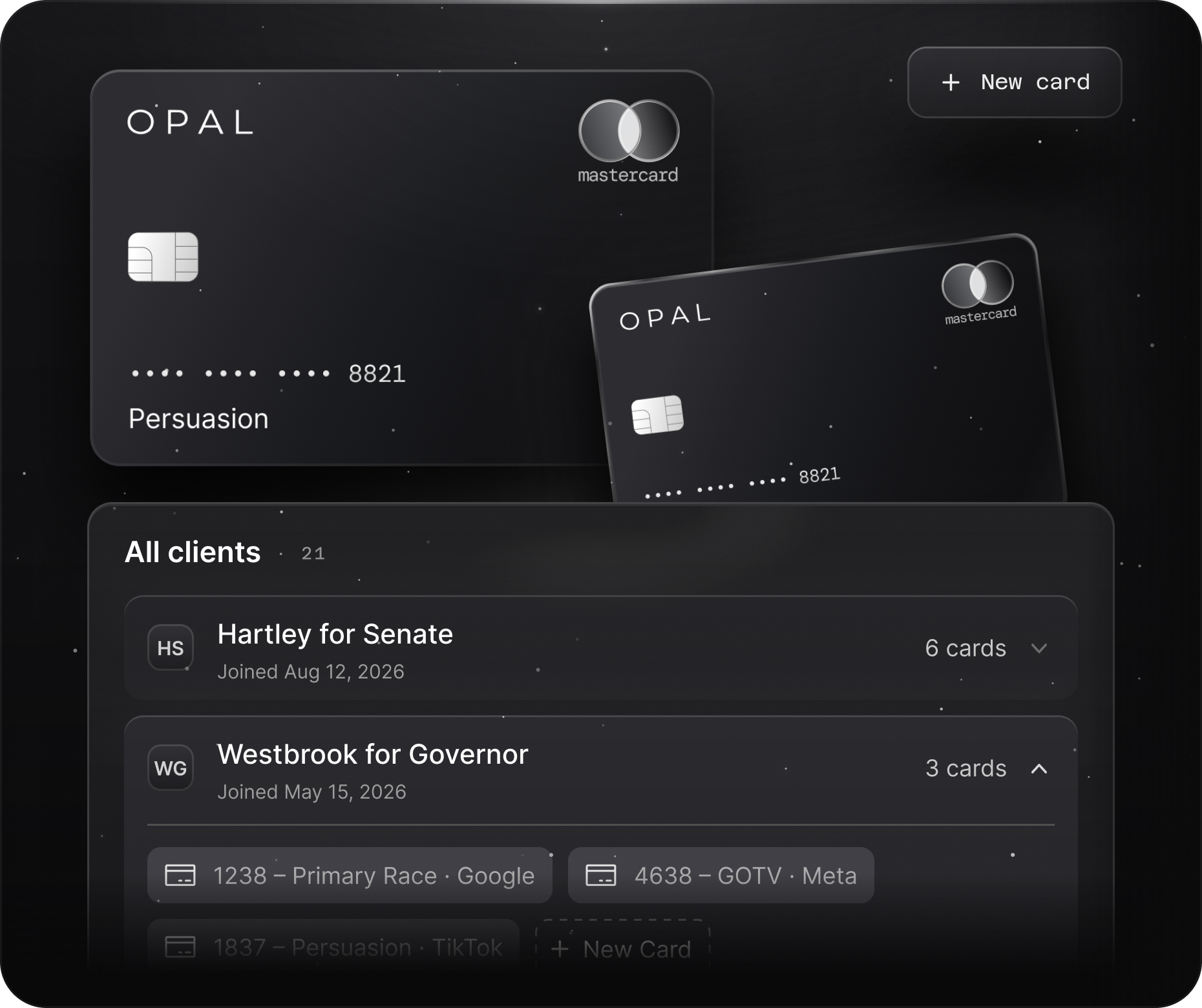 Campaign and committee accounts with dedicated cards