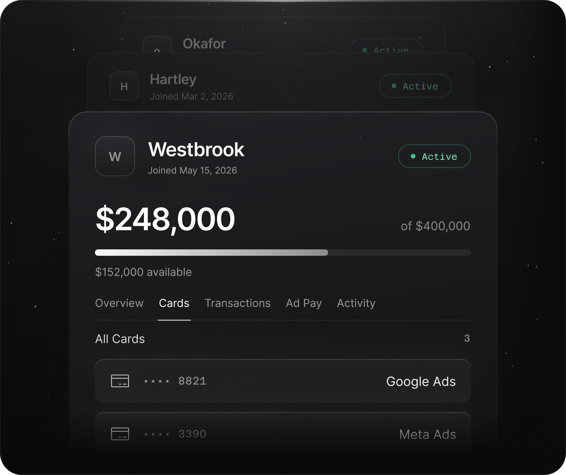 Campaign account overview with spend and cards