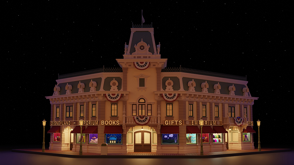 A 3D model of the Emporium from the Disneyland Resort. The model captures the building's ornate details and the cozy atmosphere of the area.