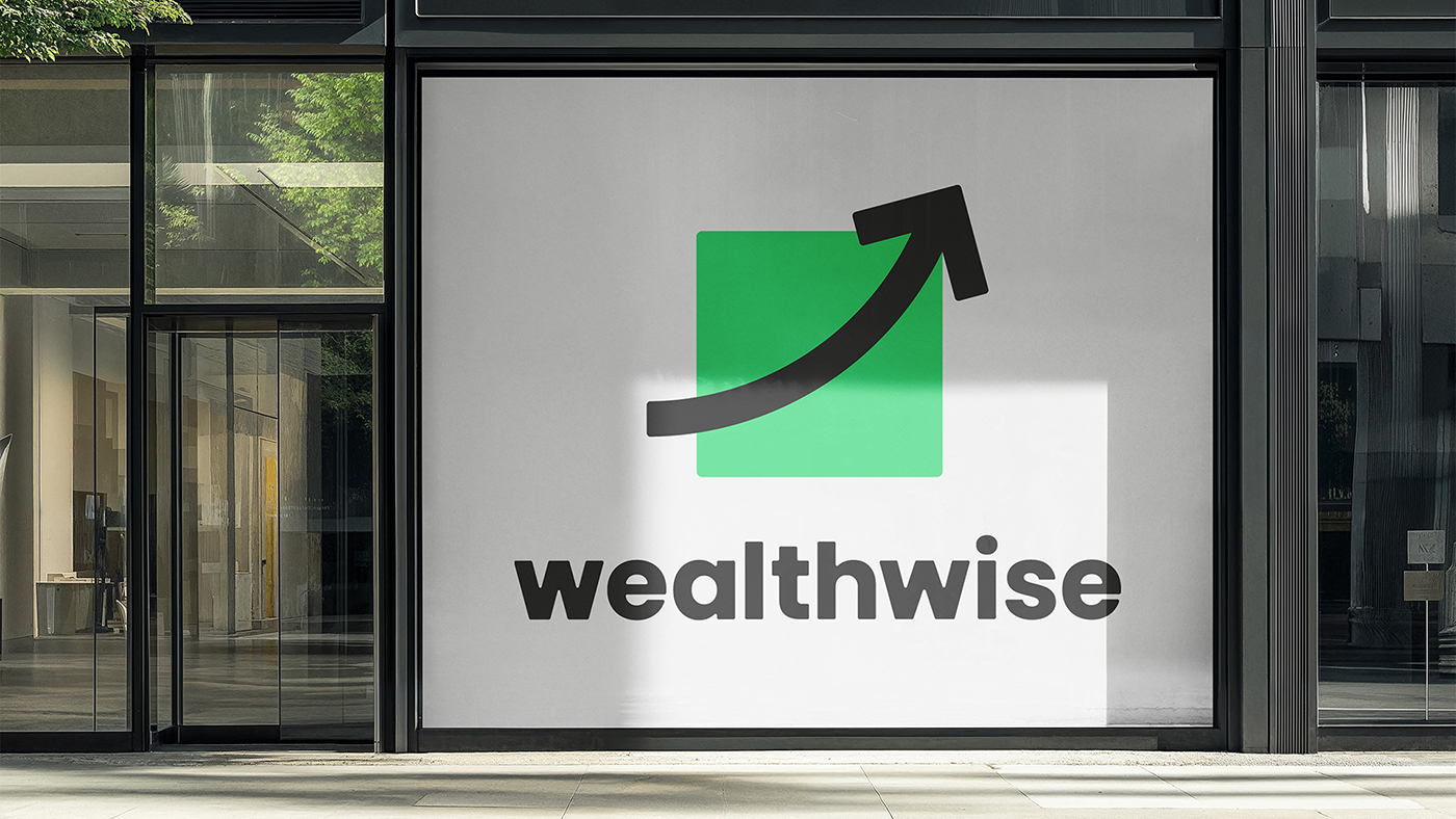 A logo for fintech company Wealthwise, on the a street window display.
