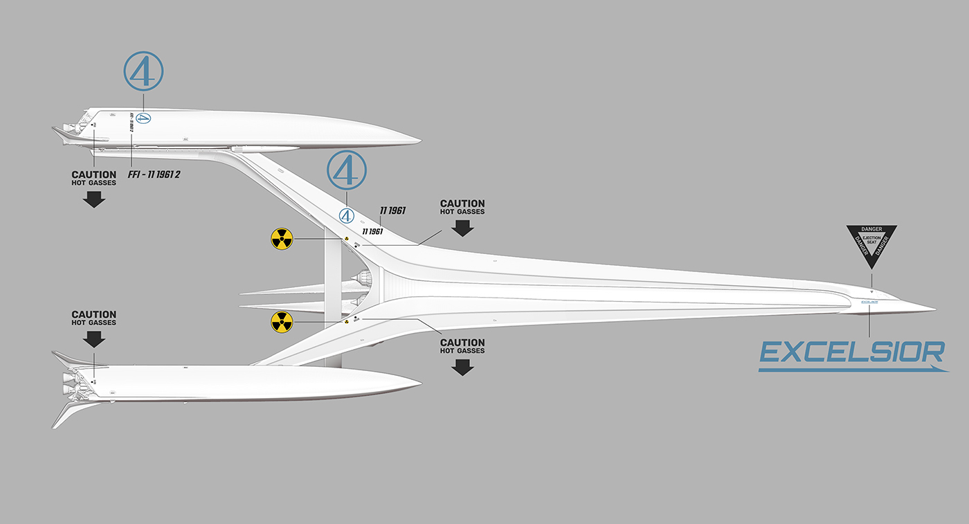 A diagram showing the graphic application locations for the Excelsior spaceship.