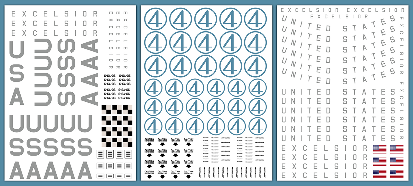Sheets of dry transfers to apply graphics to the miniature model of the Excelsior spaceship.