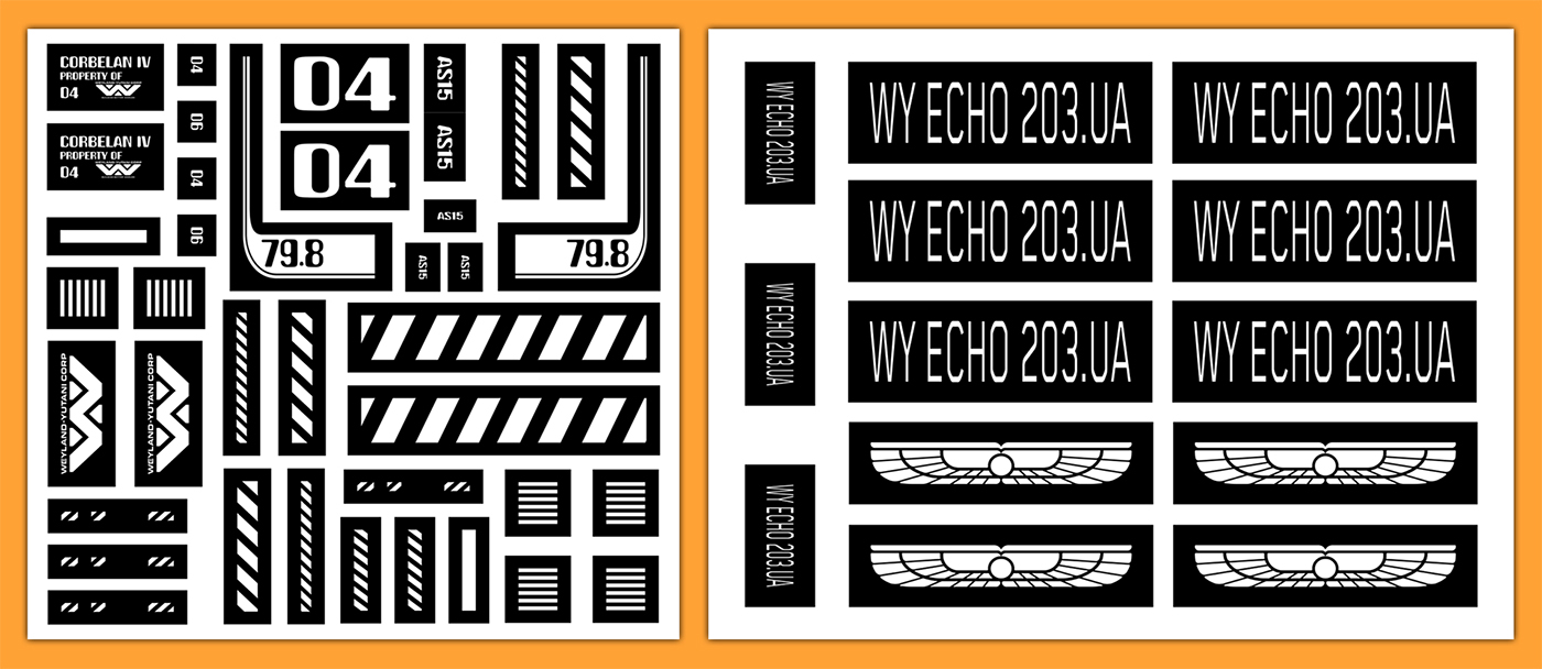 Stencil sheets for the graphics for the miniature spaceships for Alien: Romulus.