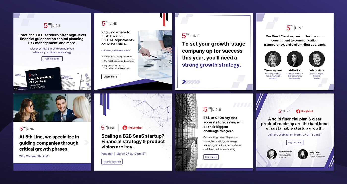 A gallery of branded social media graphics designed for 5th Line.