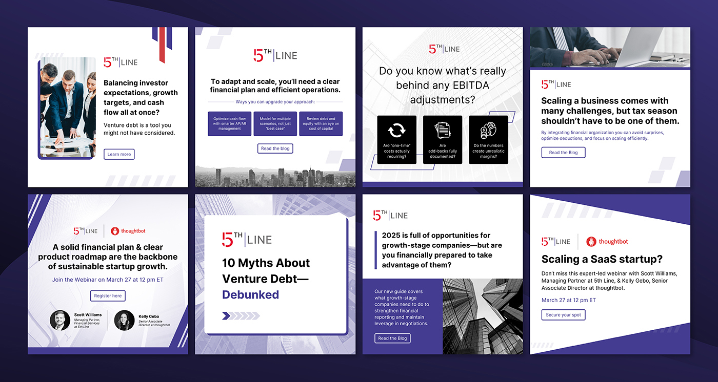 A gallery of branded social media graphics designed for 5th Line.