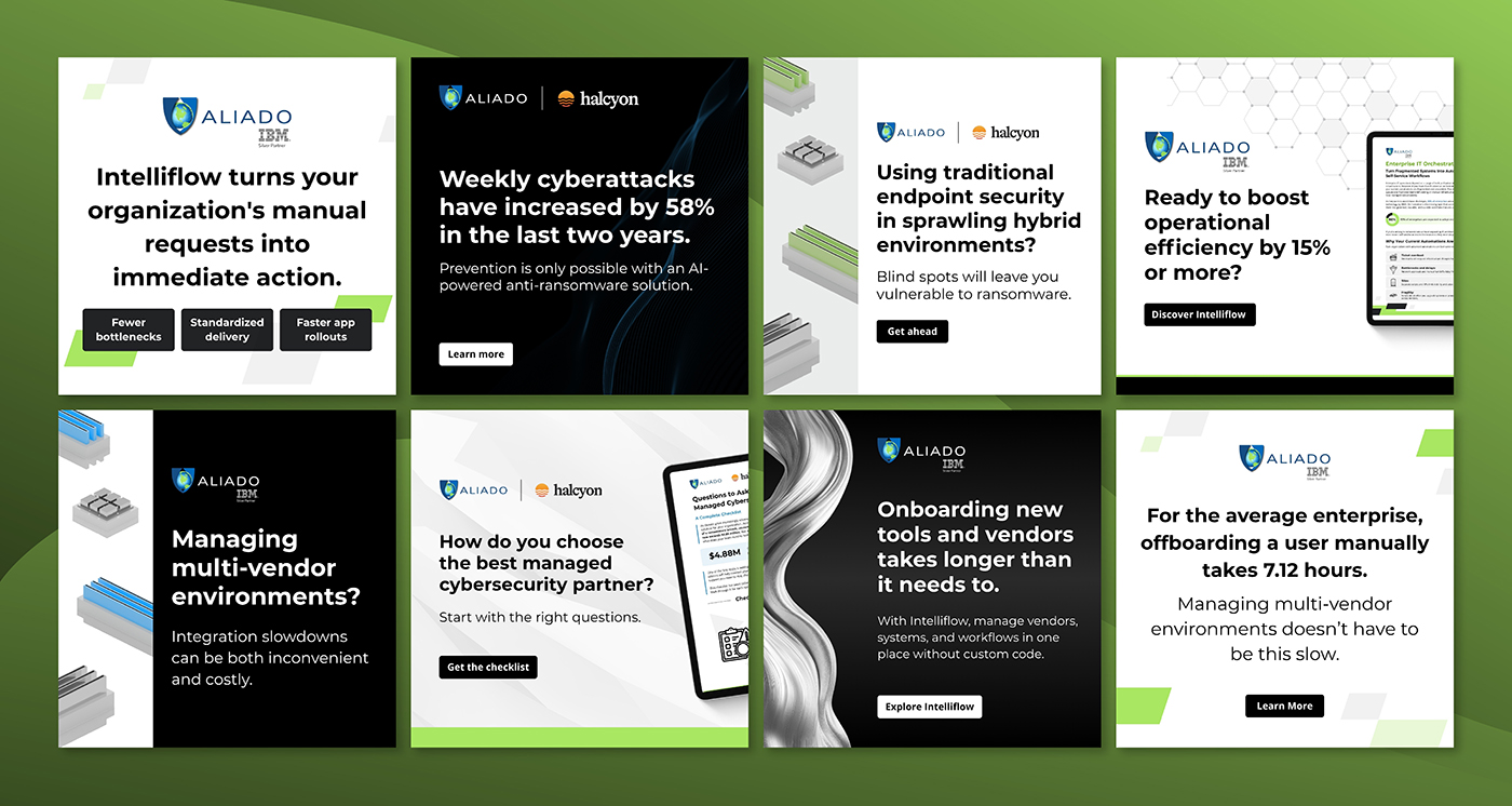 A collection of branded social media graphics designed for Aliado.