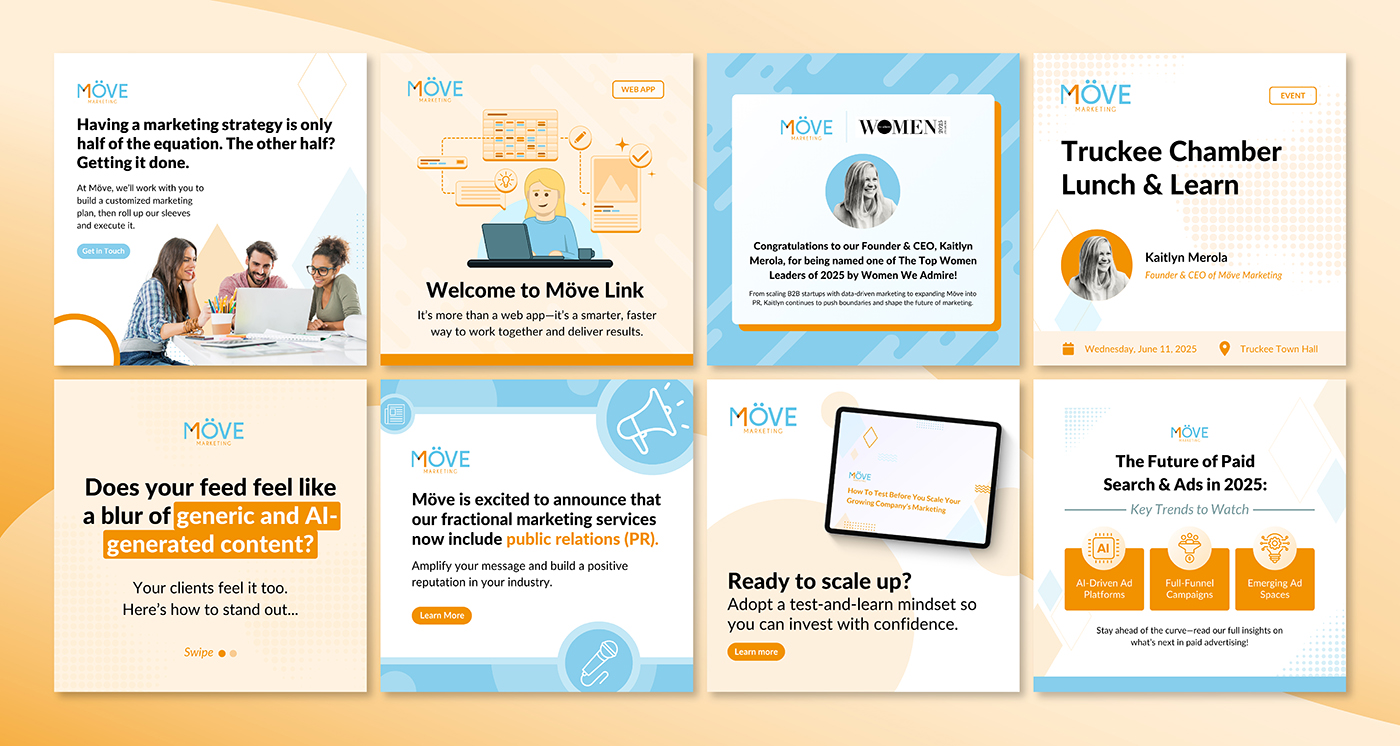 A collection of branded social media graphics designed for award-winning marketing agency Möve Marketing.